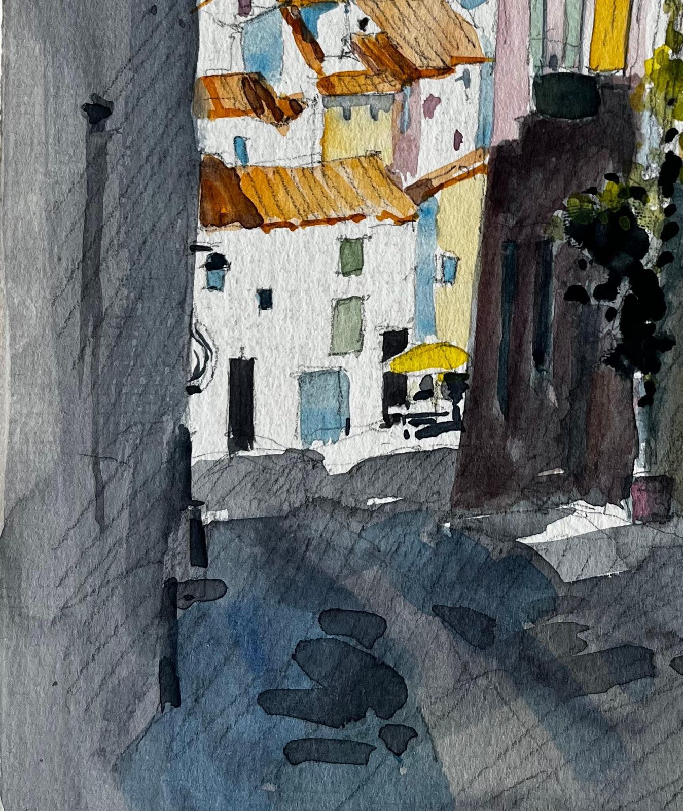 Pierre Neveu Sunlit Street In Cucuron With Terracotta Roofs And Shuttered Houses Watercolour photo vinterior