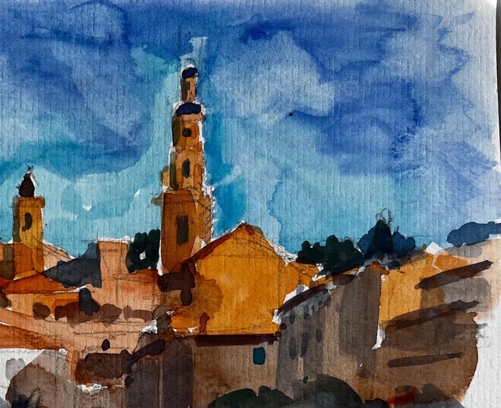 Pierre Neveu Menton French Riviera Cityscape With Church Towers And Palm Trees Watercolour photo for sale