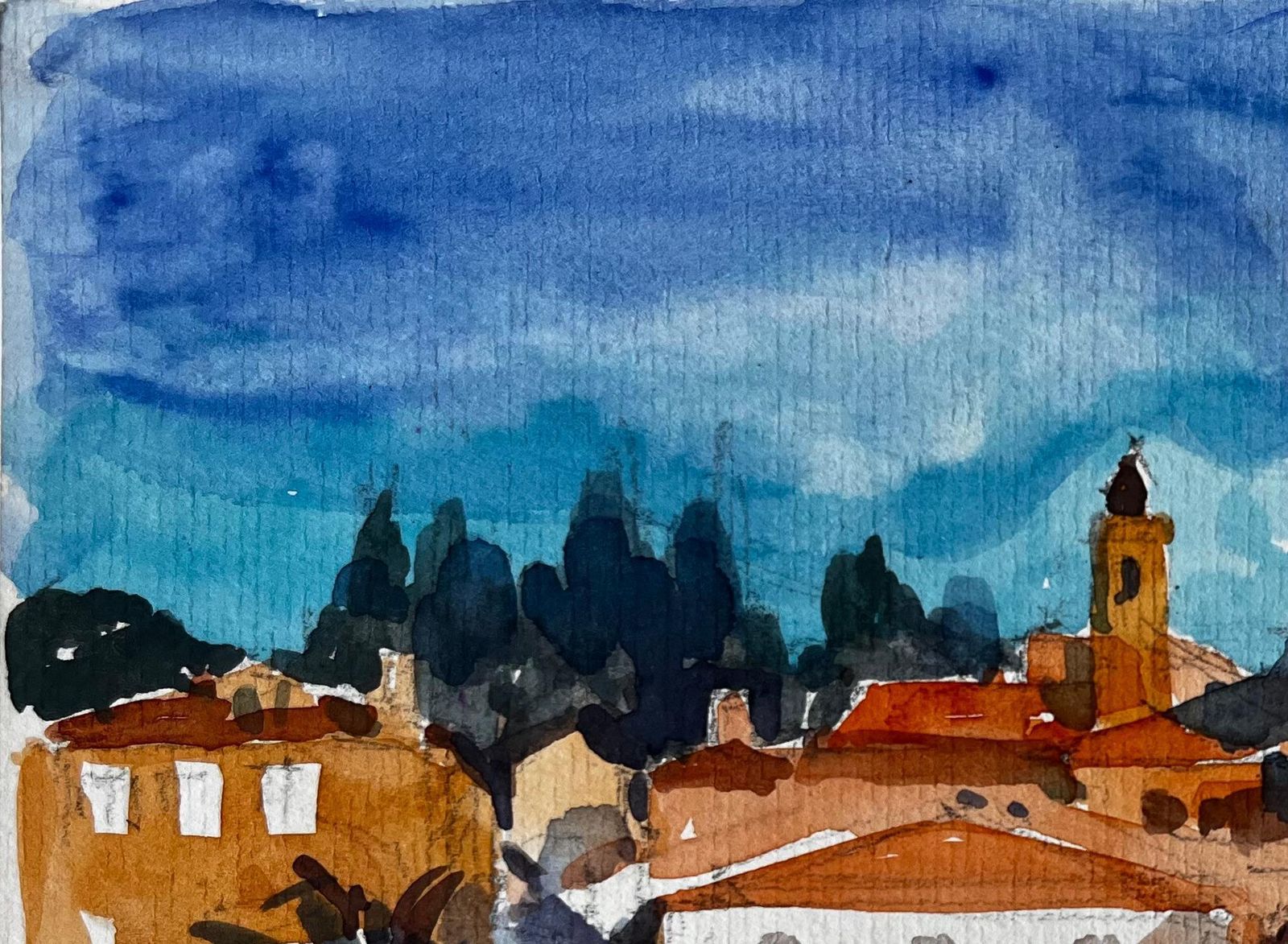 Pierre Neveu Menton French Riviera Cityscape With Church Towers And Palm Trees Watercolour photo vinterior
