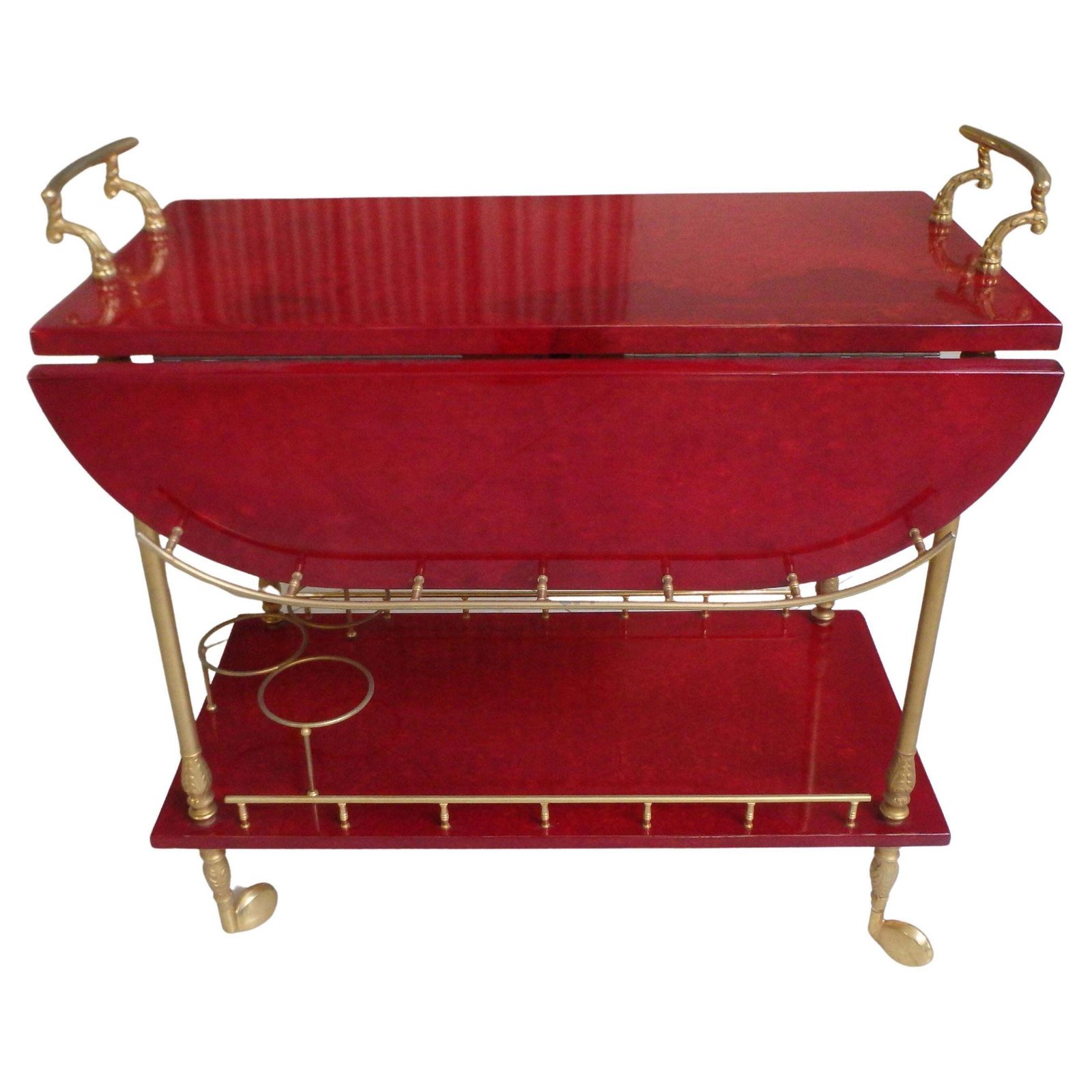 Vibrant Red Coat Skin Bar Cart By Aldo Tura With Wings To Be Opend