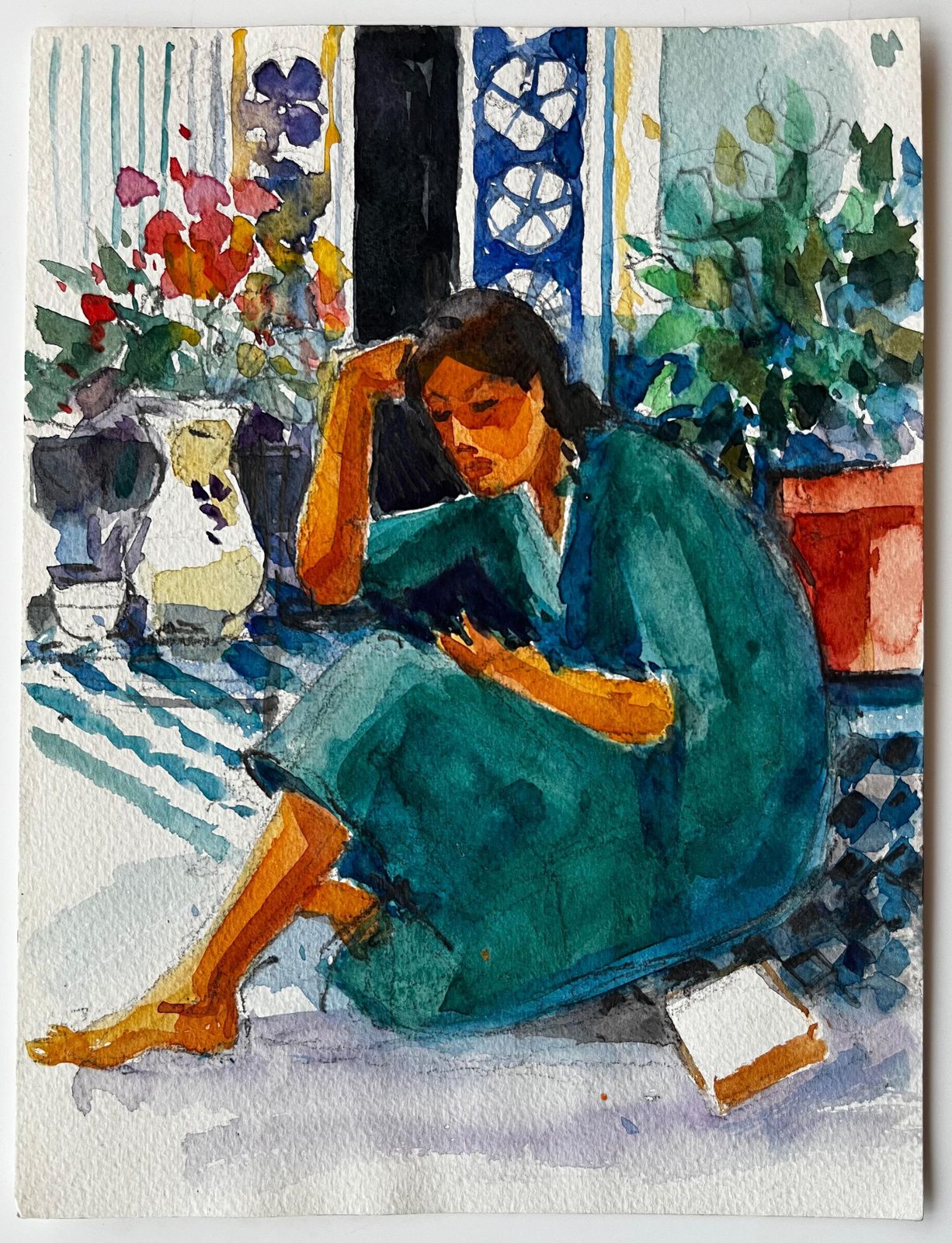 Pierre Neveu Woman Reading Indoors By Pierre Neveu French Watercolour Interior Scene Painting photo furniture