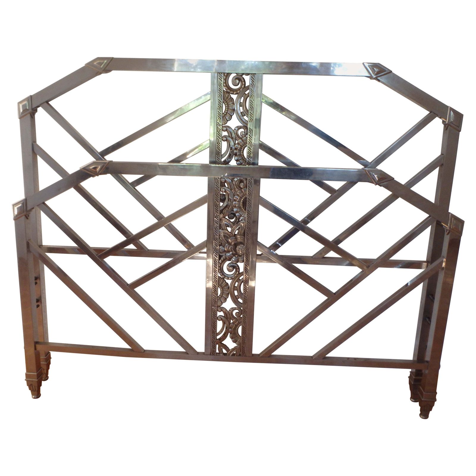 Geometrical Spanish Art Deco Nickel Bed Head And Foot Part With Floral Ornaments