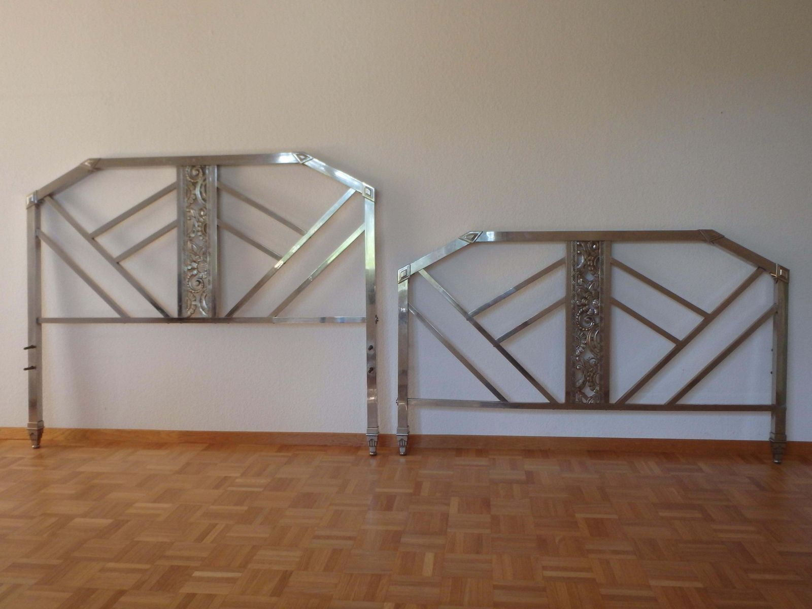 Geometrical Spanish Art Deco Nickel Bed Head And Foot Part With Floral Ornaments photo furniture