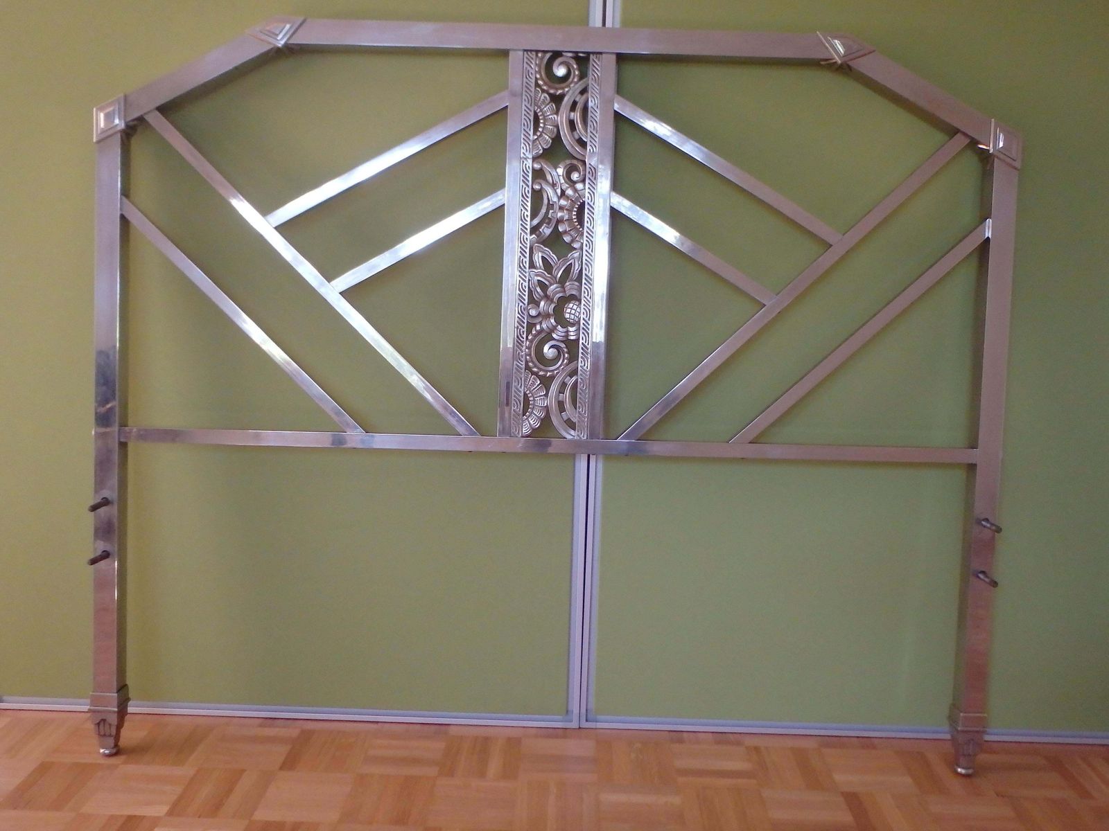 Furniture Geometrical Spanish Art Deco Nickel Bed Head And Foot Part With Floral Ornaments photo