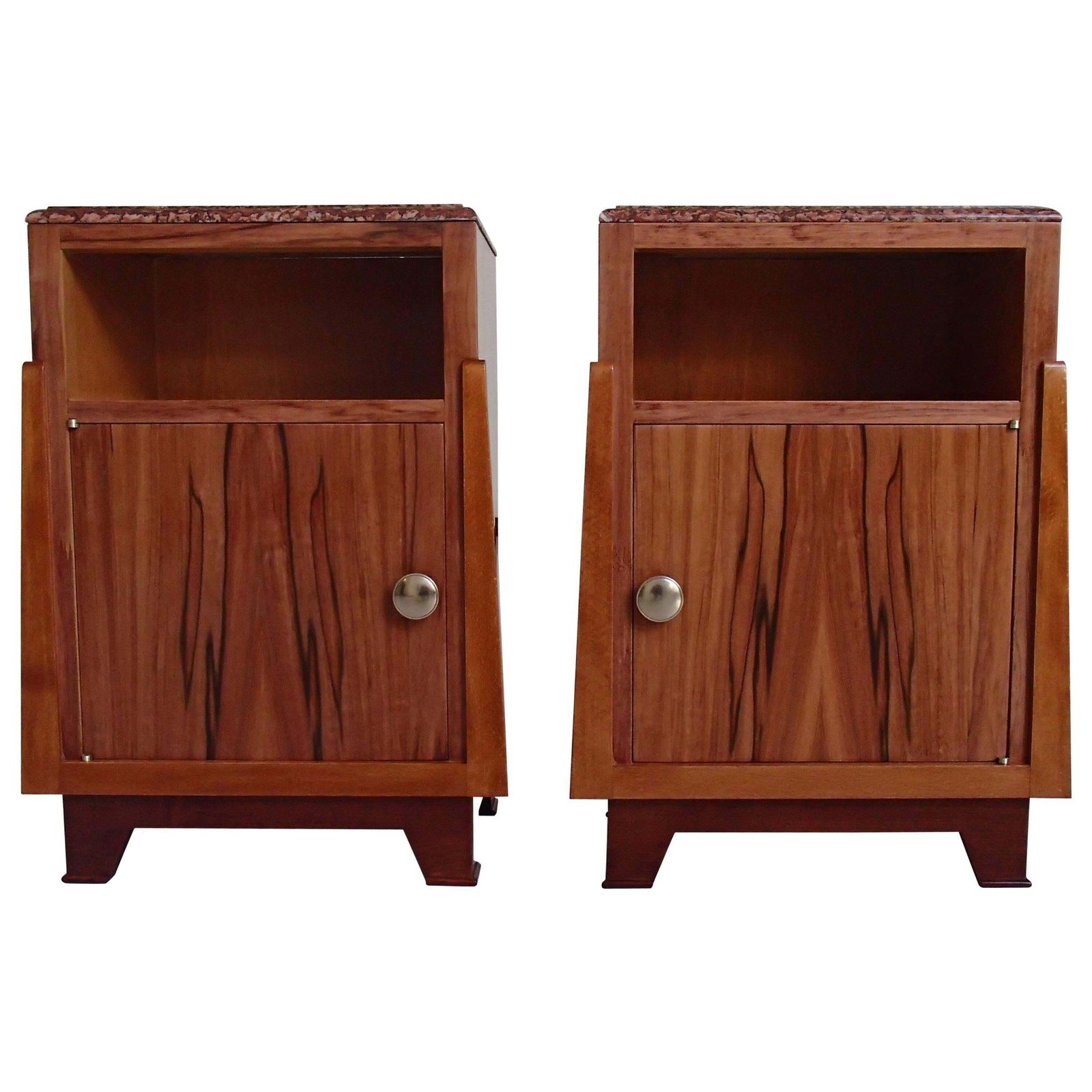 1930 Cubist Pair Nightstands Side Table Apple Wood Red Marble Top