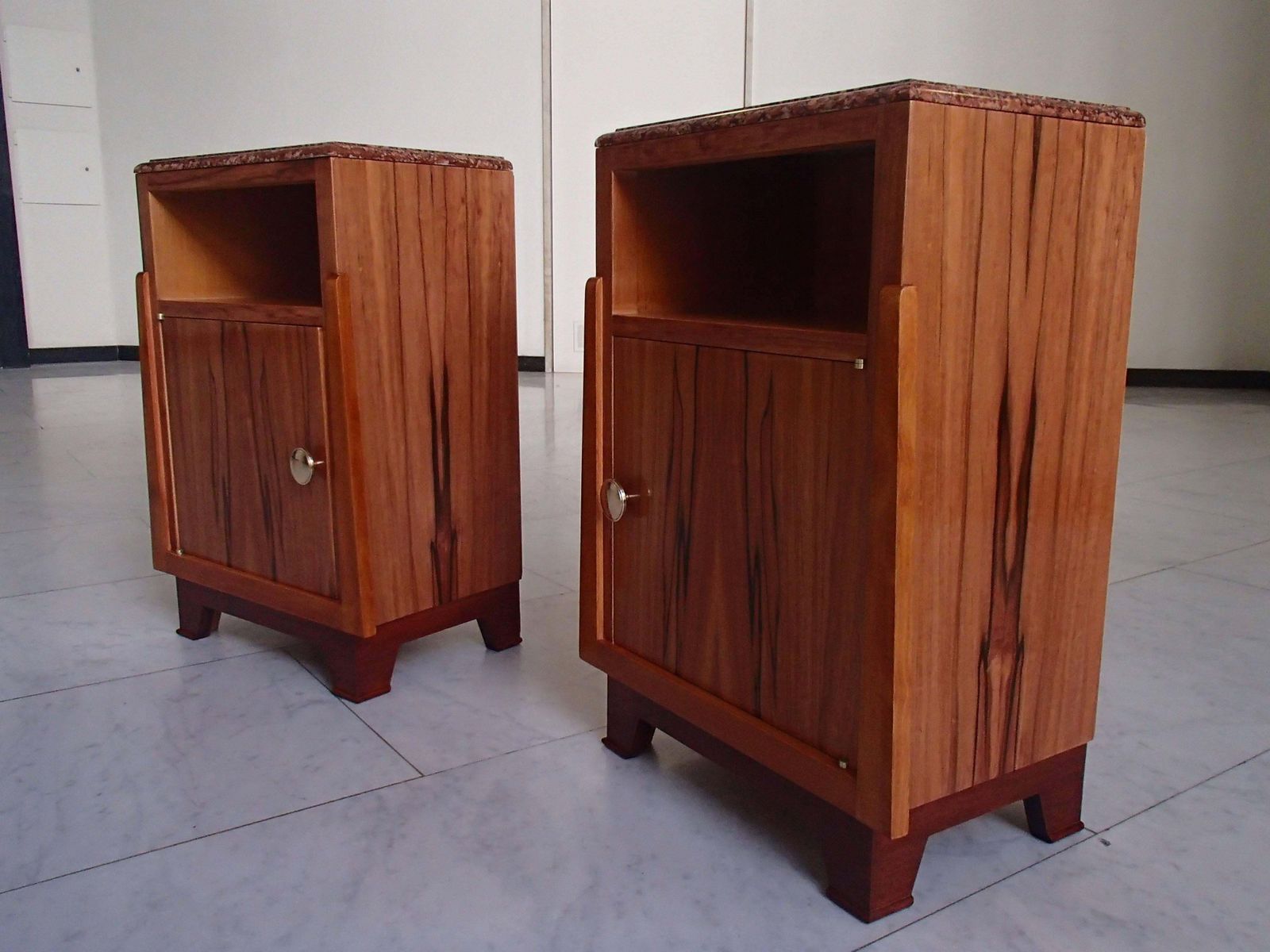 1930 Cubist Pair Nightstands Side Table Apple Wood Red Marble Top photo furniture