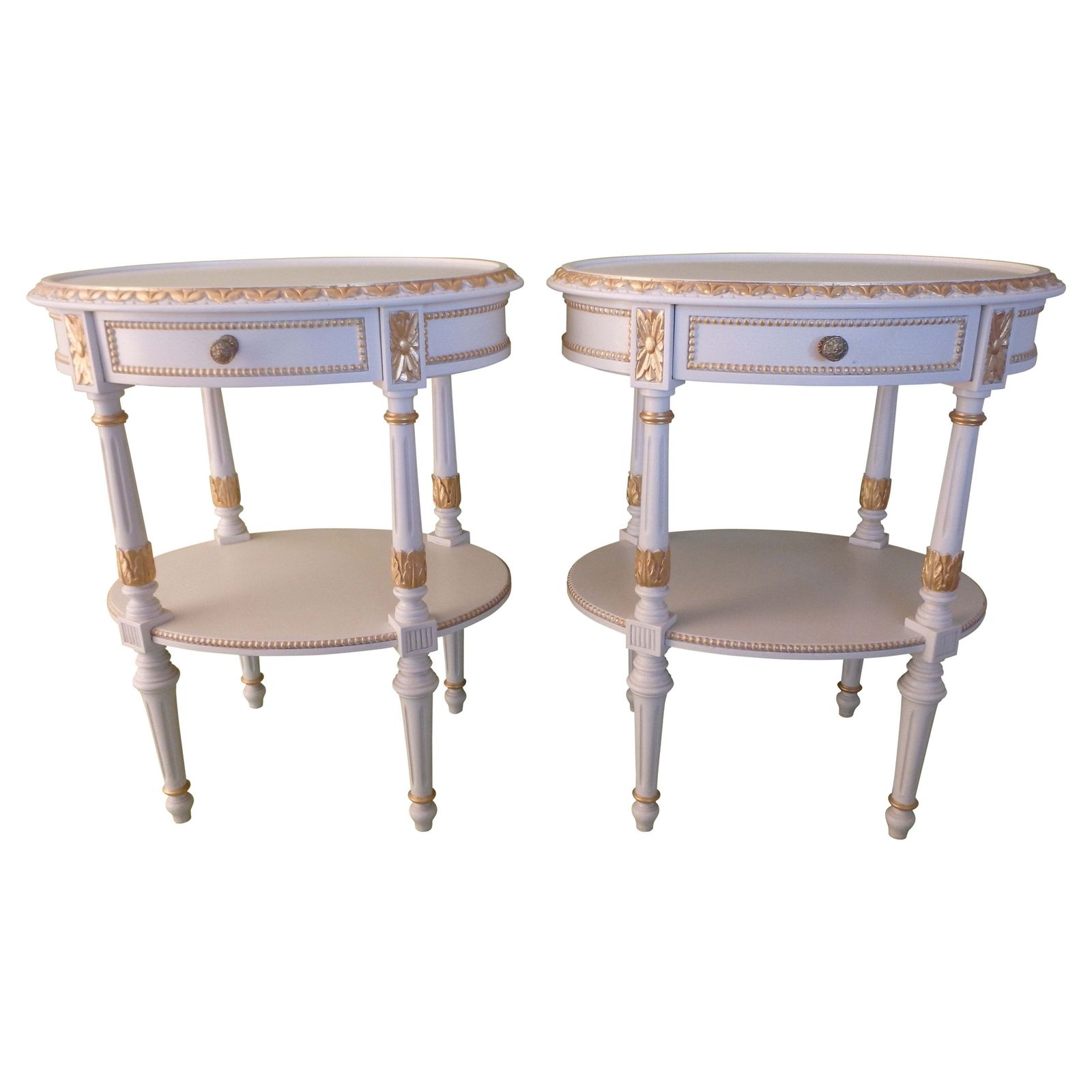 Pair Oval Off White "Craquelee" Night Stands With Golden Elements Emipre Stile