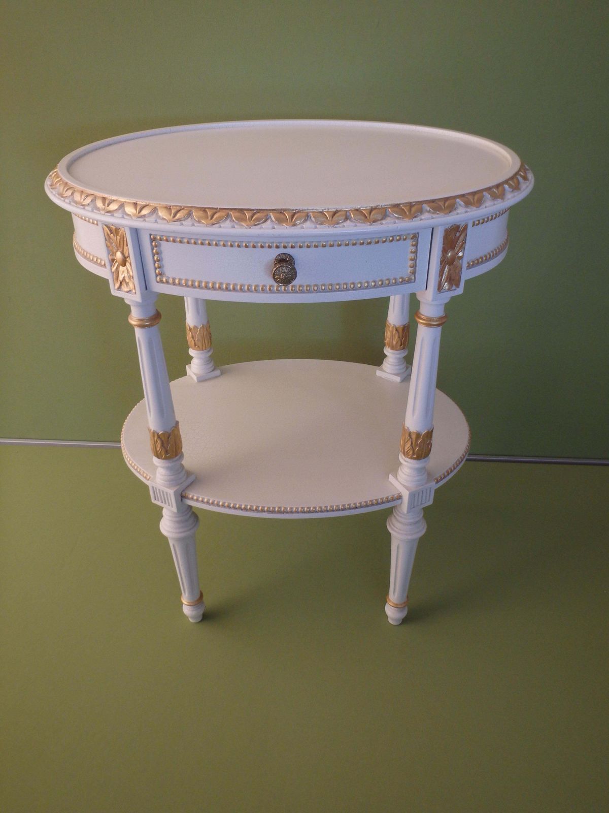 Pair Oval Off White "Craquelee" Night Stands With Golden Elements Emipre Stile photo for sale