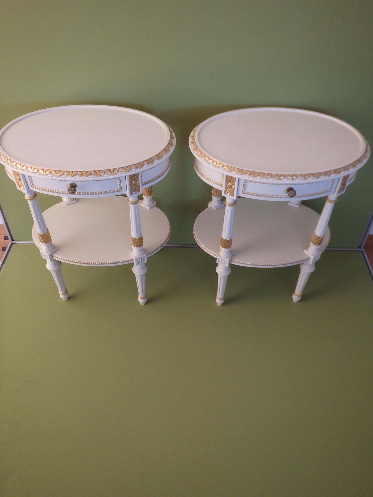 photo buy Pair Oval Off White "Craquelee" Night Stands With Golden Elements Emipre Stile