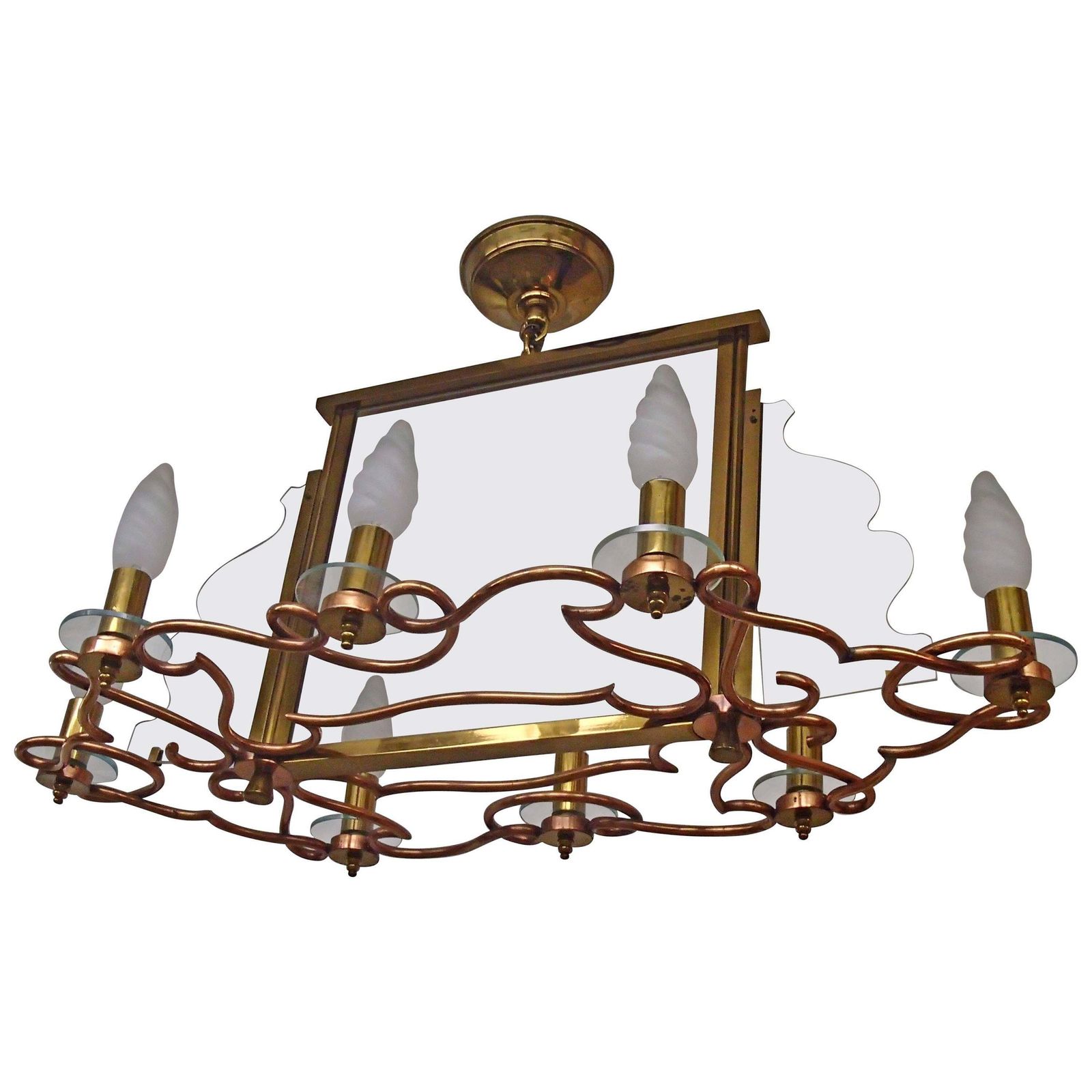 1940 Huge Decorative Copper Brass And Graved Glass Chandelier