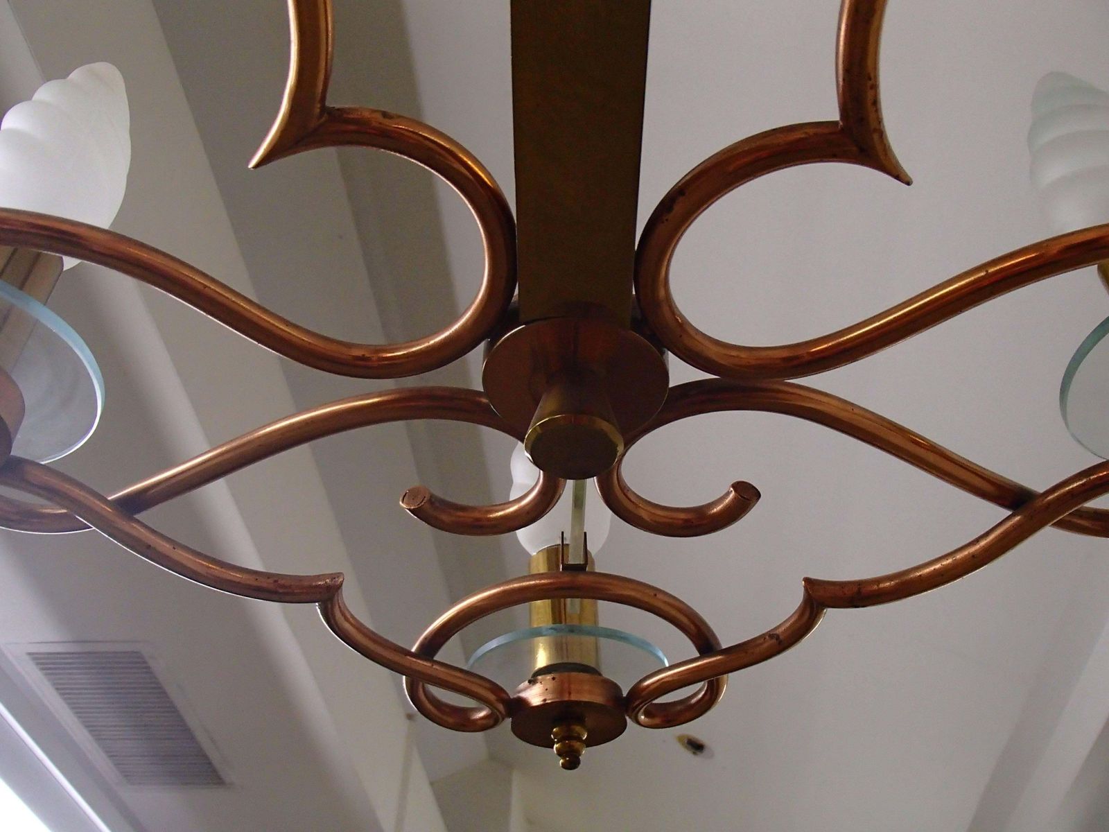 1940 Huge Decorative Copper Brass And Graved Glass Chandelier photo vinterior
