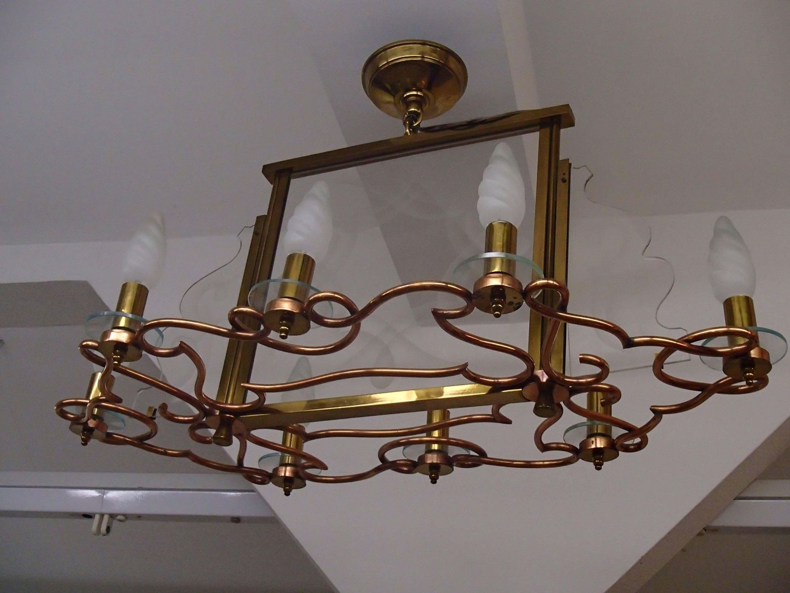 photo for sale 1940 Huge Decorative Copper Brass And Graved Glass Chandelier