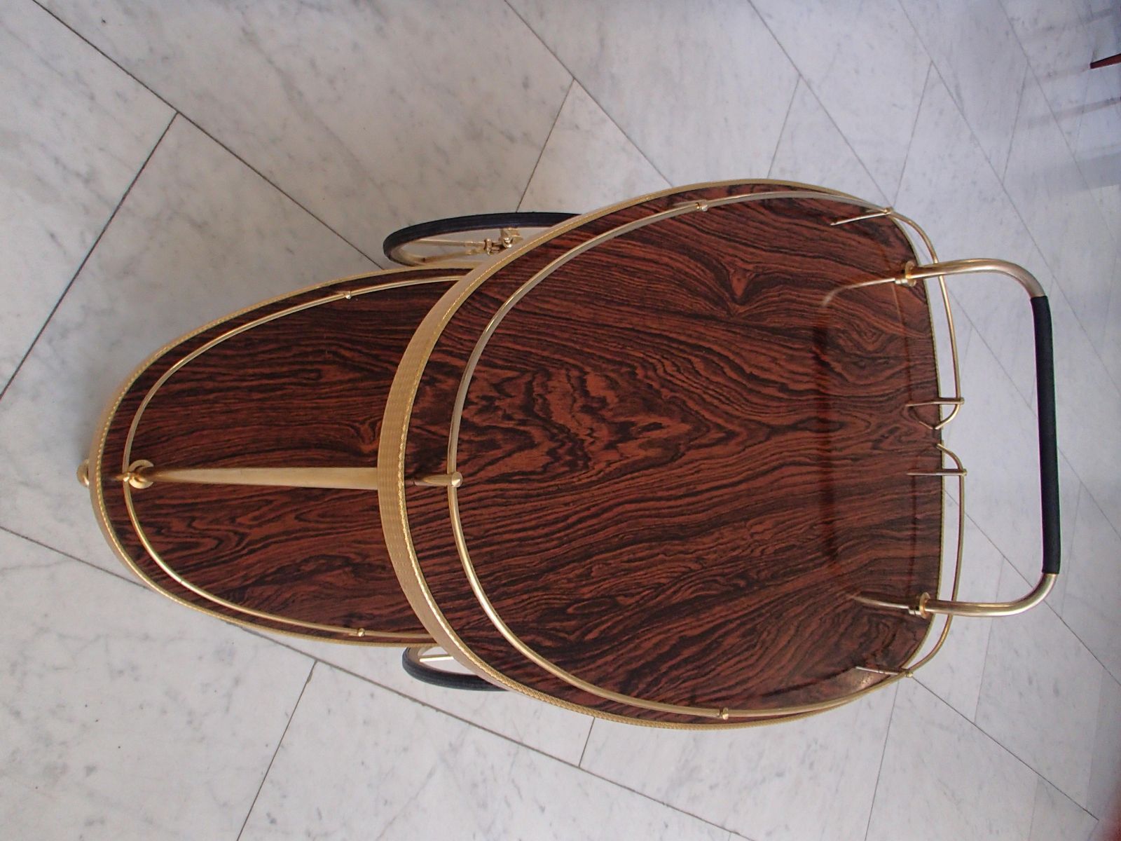 photo for sale Mid Century Modern Triangle Trolley Brass And Formica Wood