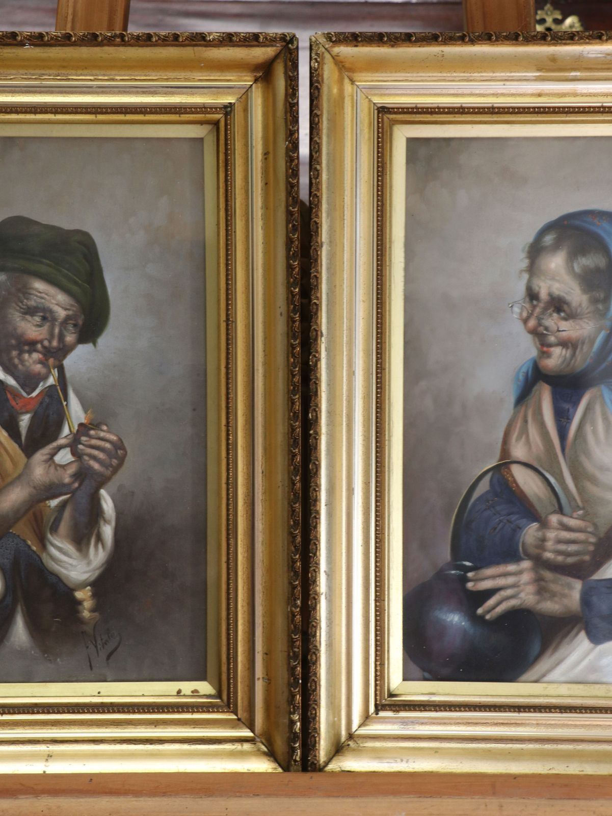 photo furniture A Pair Of Absolutely Charming Oil Painting Portraits Of An Elderly Couple By Italian Artist Ferruccio Vitale