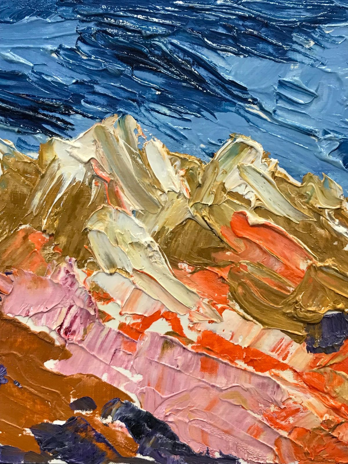 Unknown Bright & Colorful French Impressionist Oil Painting   Blue Sky Over Mountains 2000 photo for sale