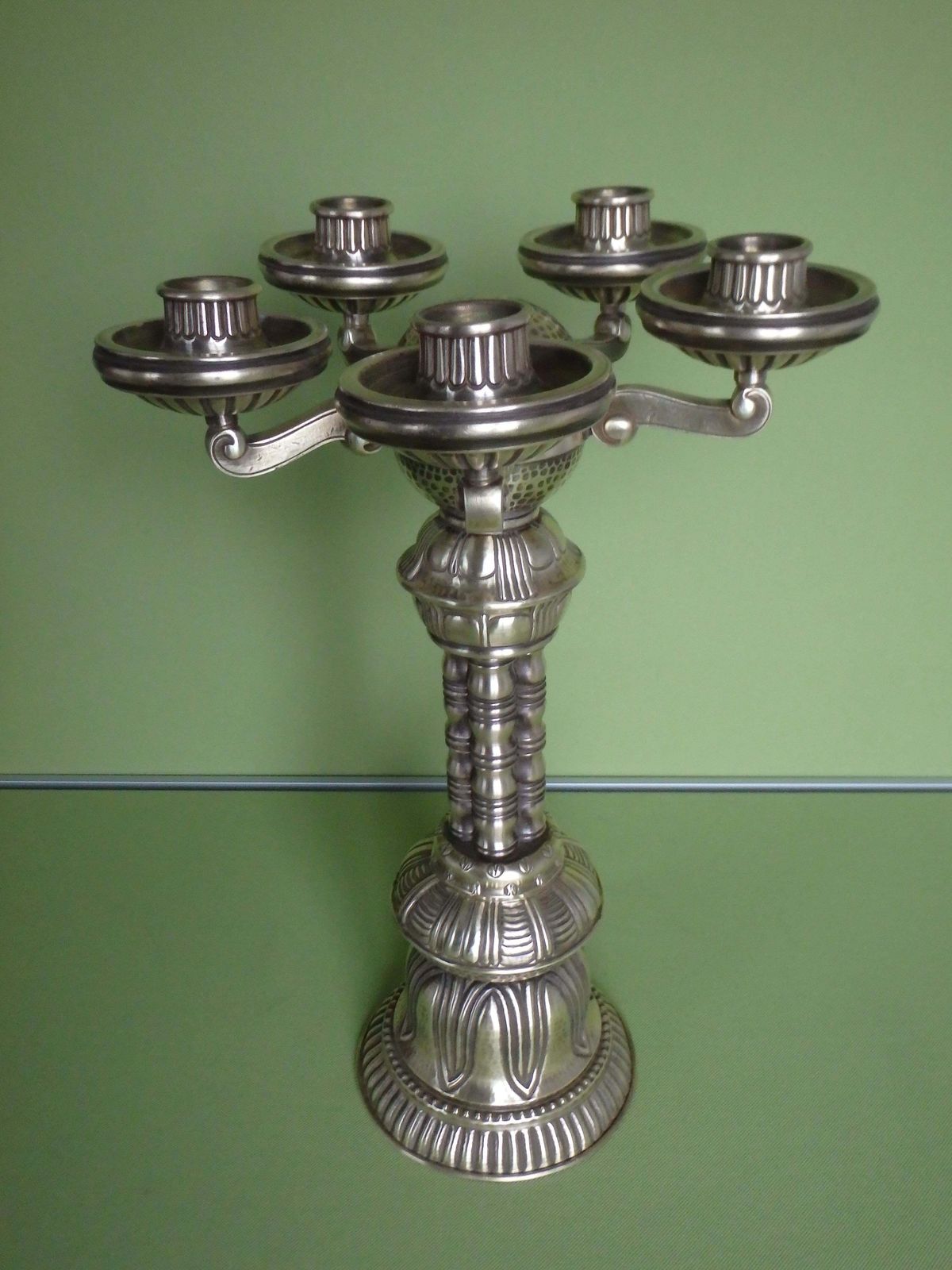 542.0 Art Nouveau Huge Candle Holder Brass 5 Arms photo
