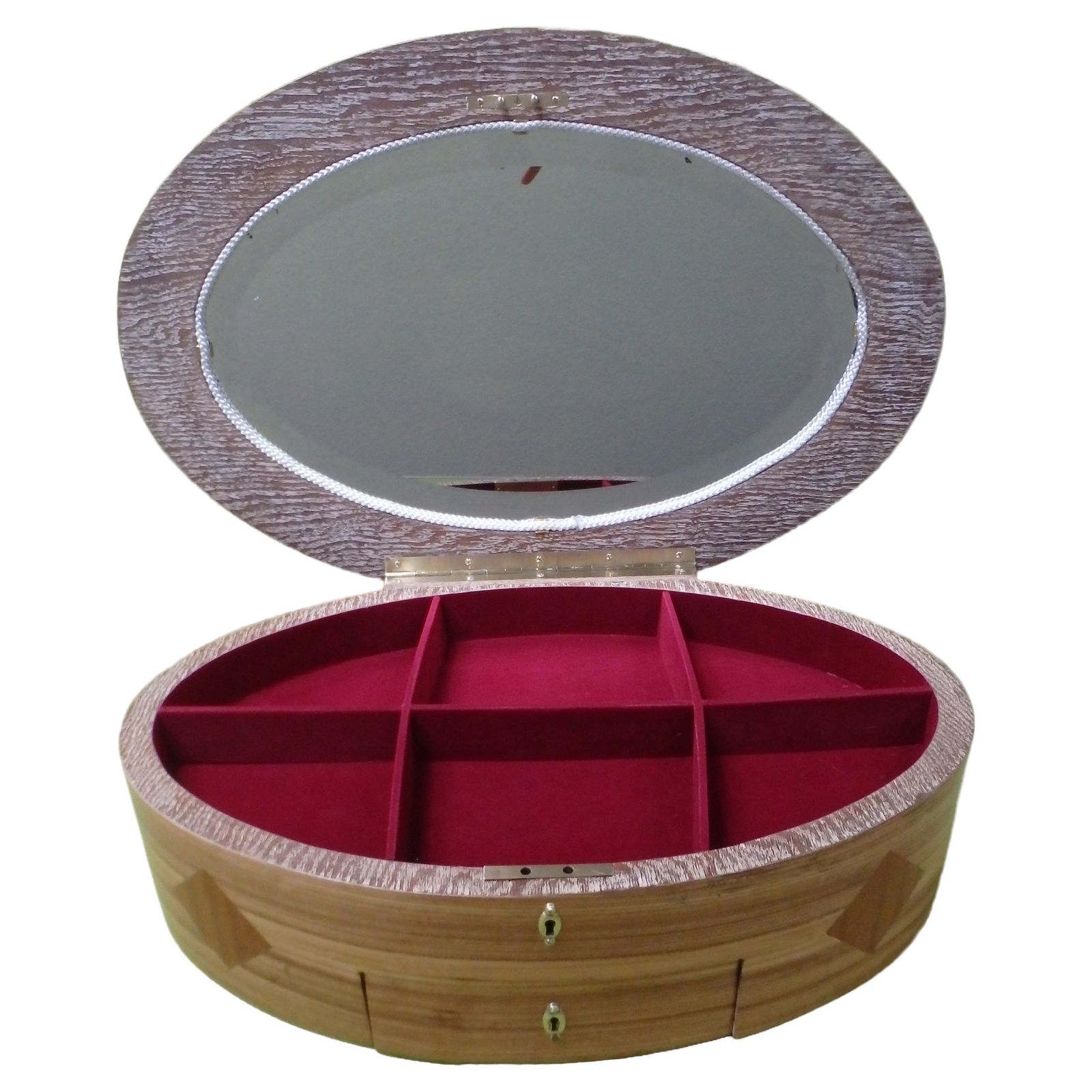 Huge Wooden  Jewelry Or Make Up Box With Oval Mirror For The Dressing Table