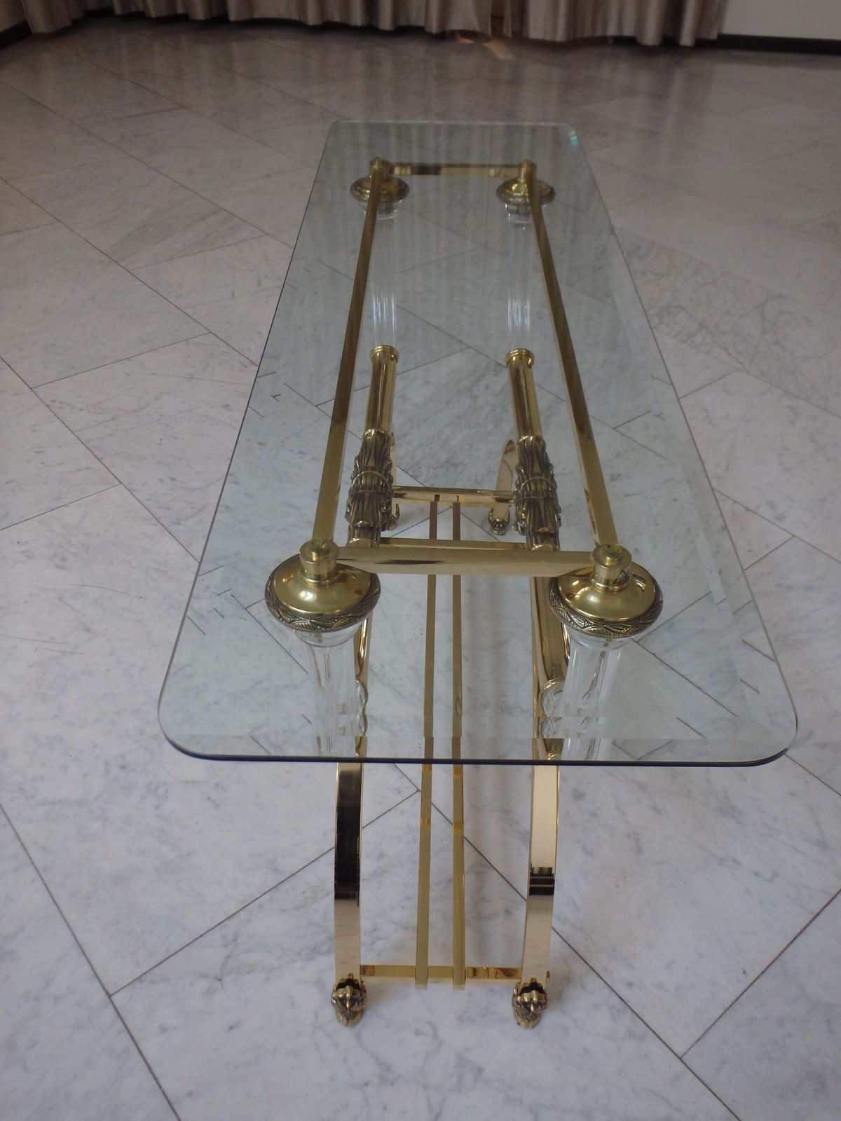 photo furniture Sophisticated Console Brass And Plexiglass With Cut Glass Top By Gianni Versace