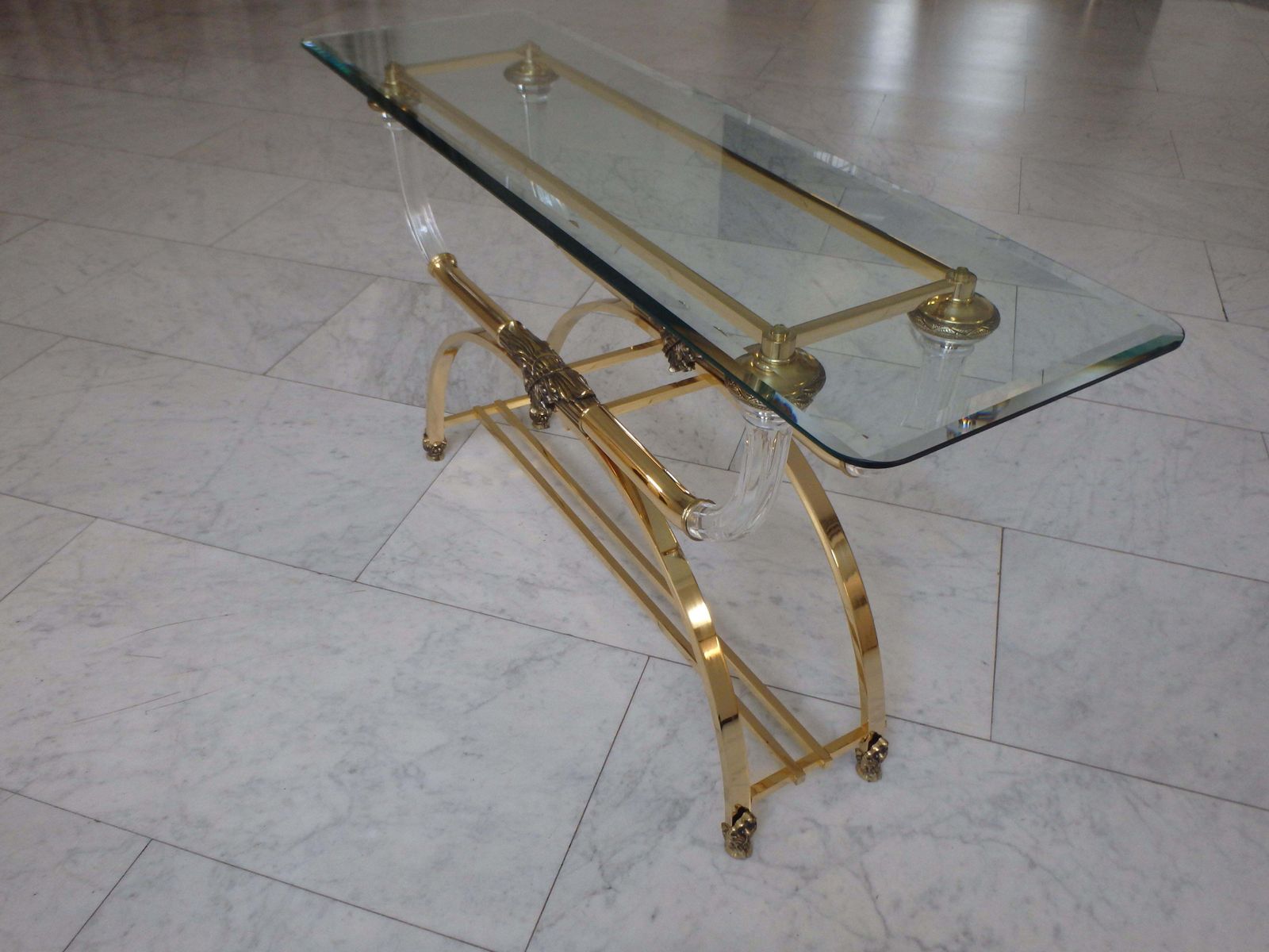 photo for sale Sophisticated Console Brass And Plexiglass With Cut Glass Top By Gianni Versace