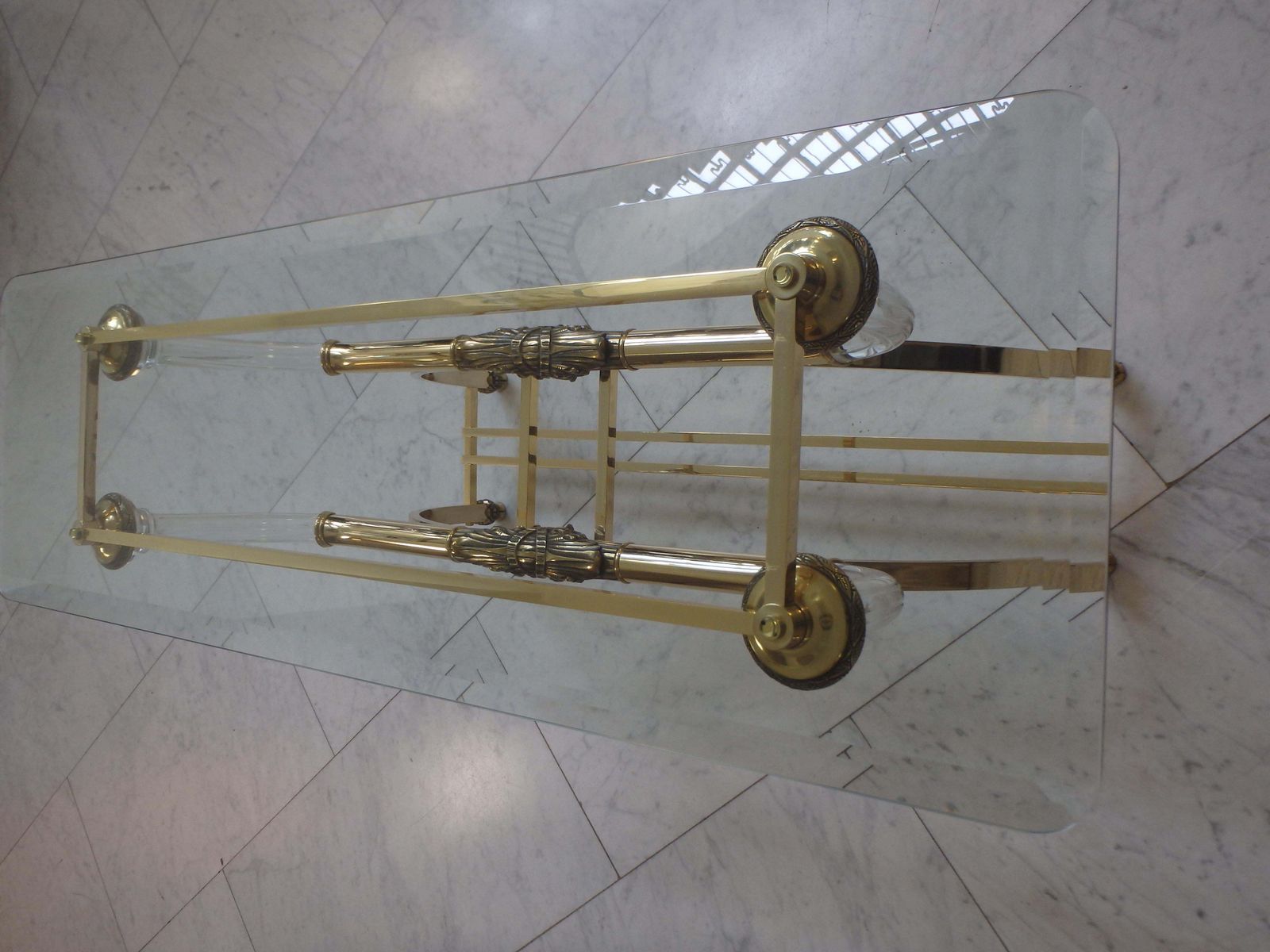 Furniture Sophisticated Console Brass And Plexiglass With Cut Glass Top By Gianni Versace photo