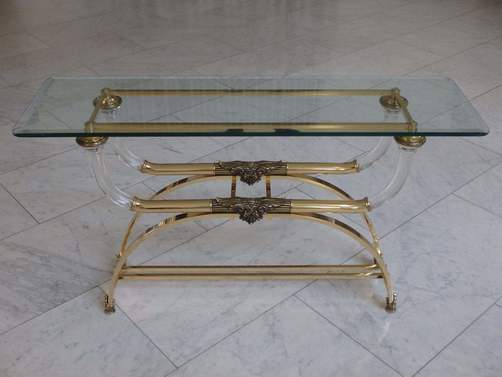 3323.0 Sophisticated Console Brass And Plexiglass With Cut Glass Top By Gianni Versace photo