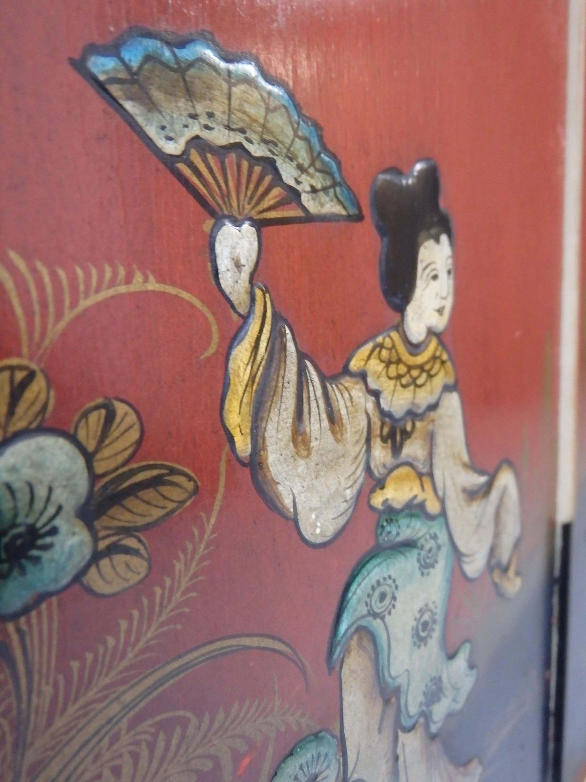 1920 Elegant Japonisem Red And Gold Dry Bar With Sculpted Figures And Pagodes photo buy