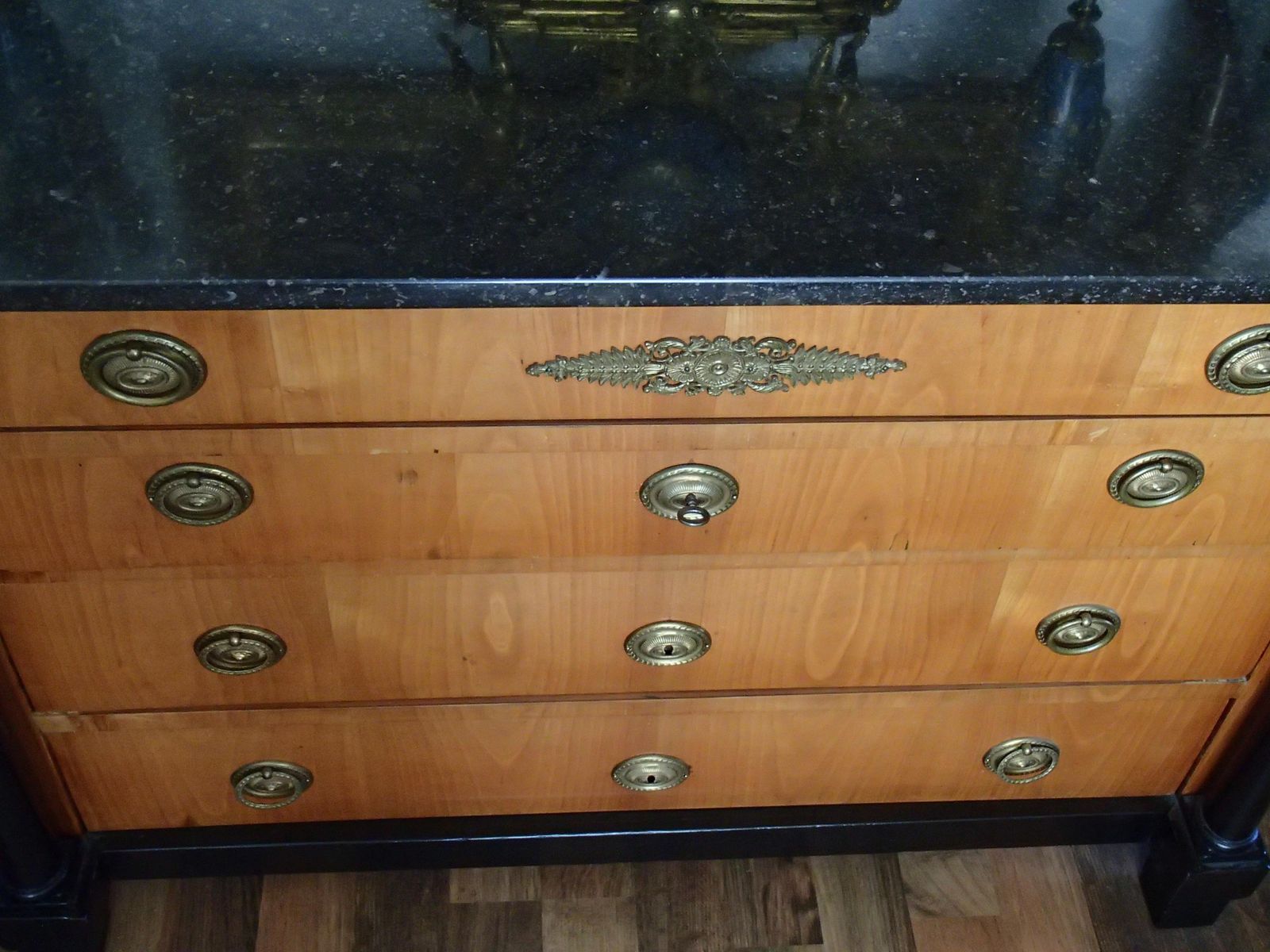 Empire Chest Of Drawers Cherry Wood With Black Colones And Black Marble Top photo vinterior