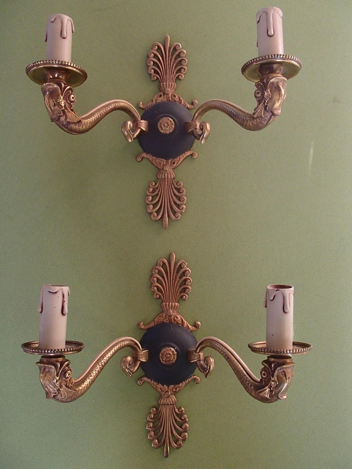 Pair Of Bronze And Green Empire Wall Lights With Beige/Green Shades photo furniture