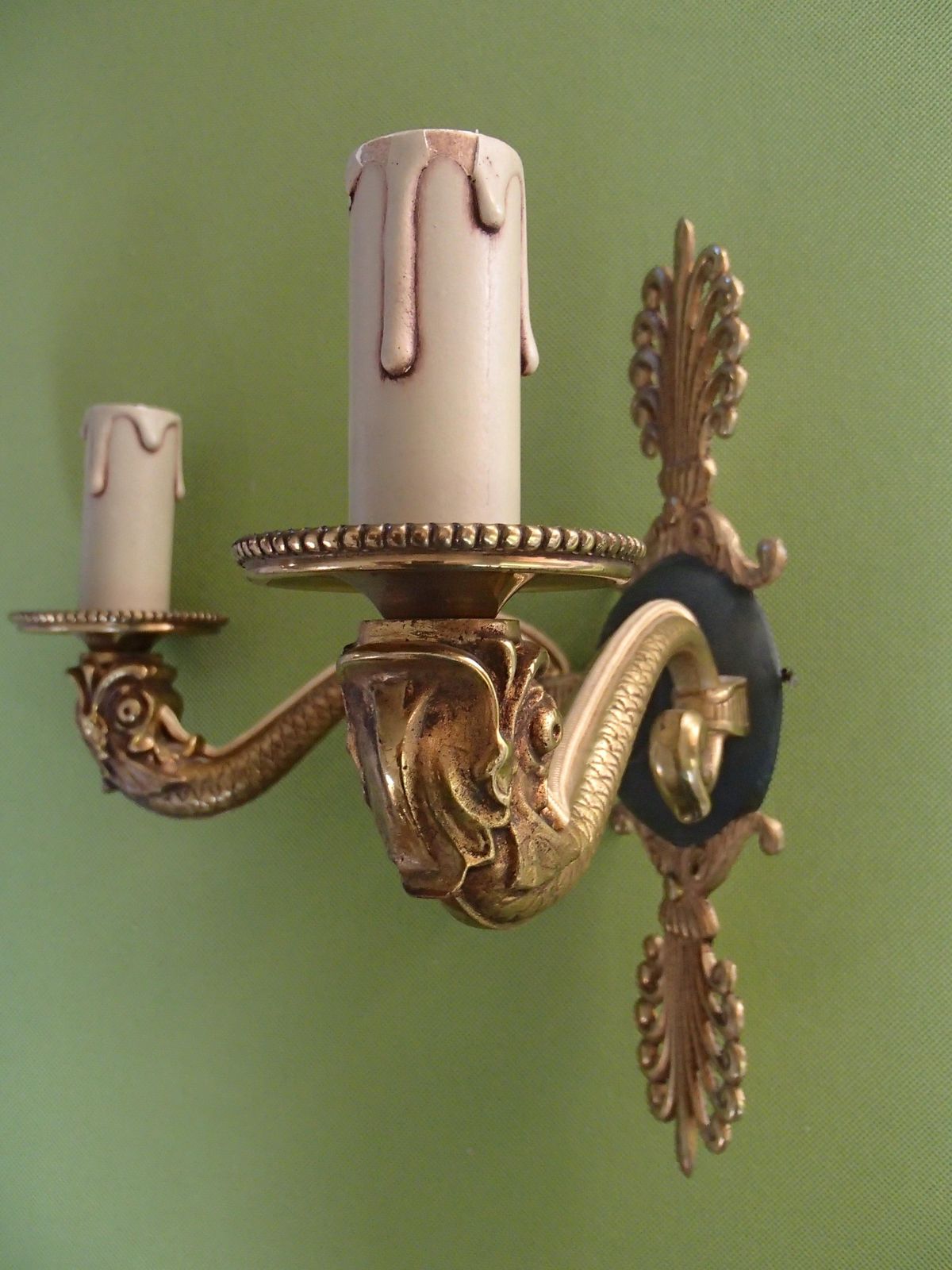 Pair Of Bronze And Green Empire Wall Lights With Beige/Green Shades photo vinterior
