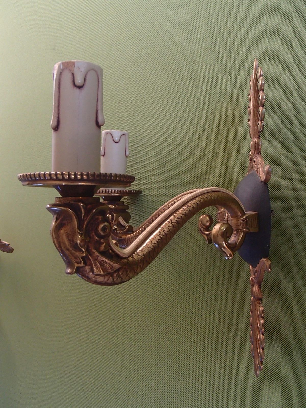 Pair Of Bronze And Green Empire Wall Lights With Beige/Green Shades photo buy