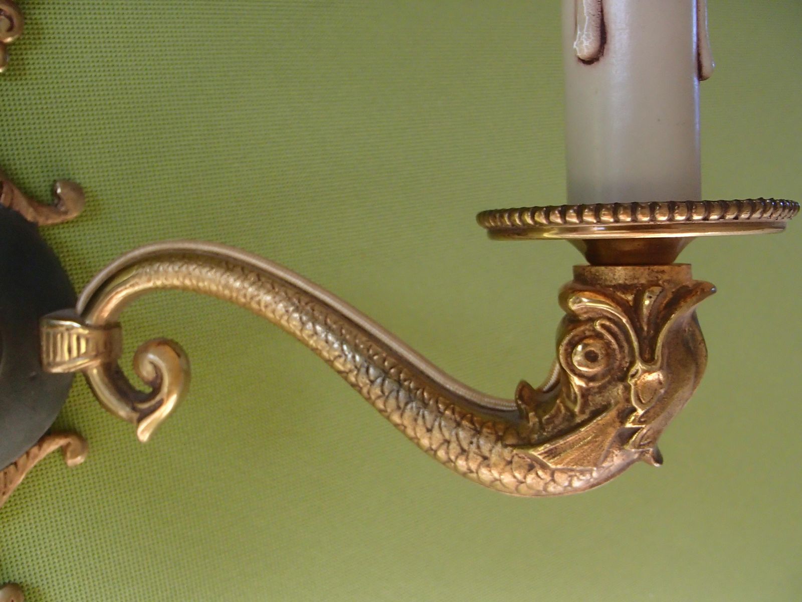 Lighting Pair Of Bronze And Green Empire Wall Lights With Beige/Green Shades photo