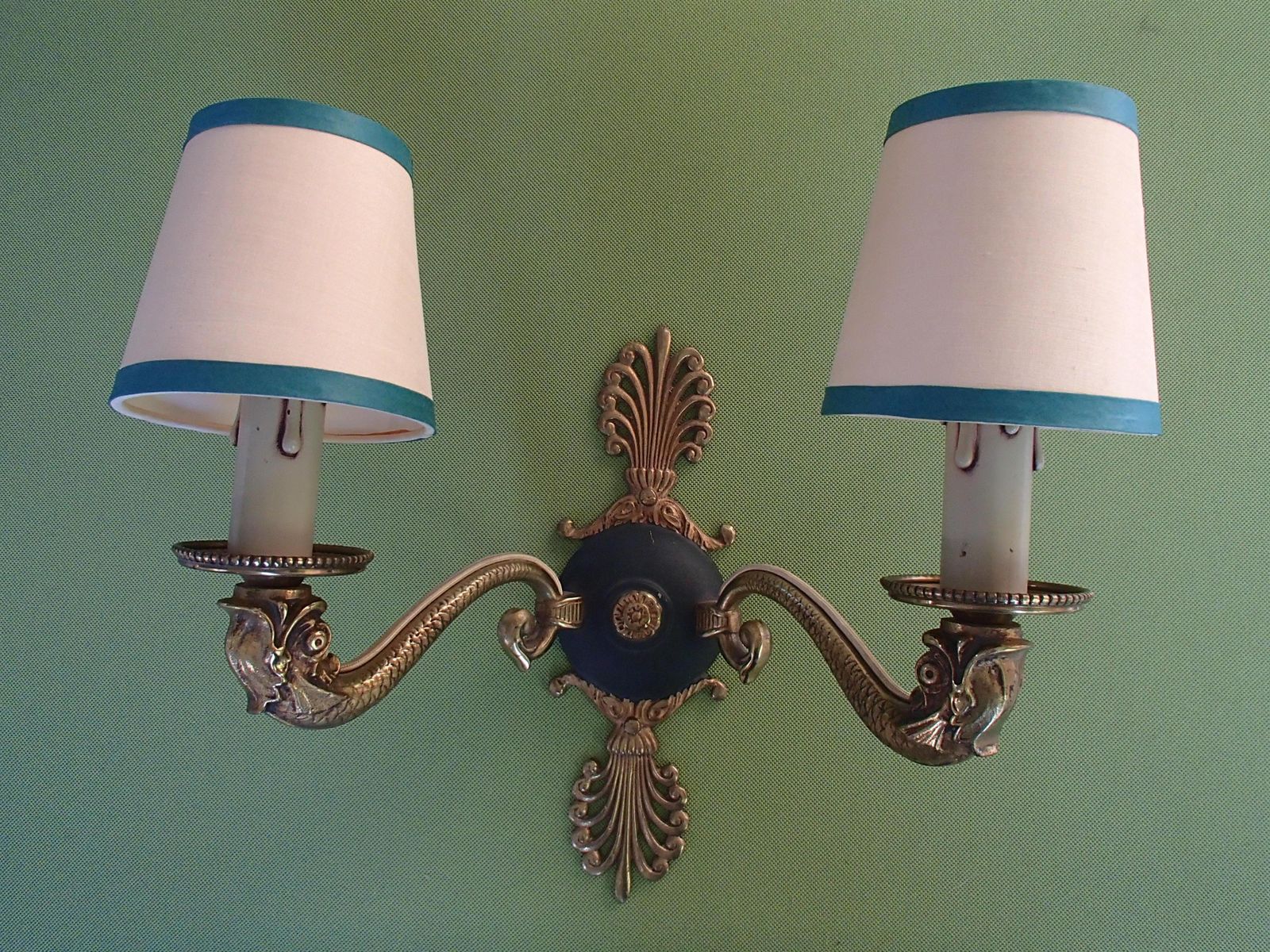 770.0 Pair Of Bronze And Green Empire Wall Lights With Beige/Green Shades photo