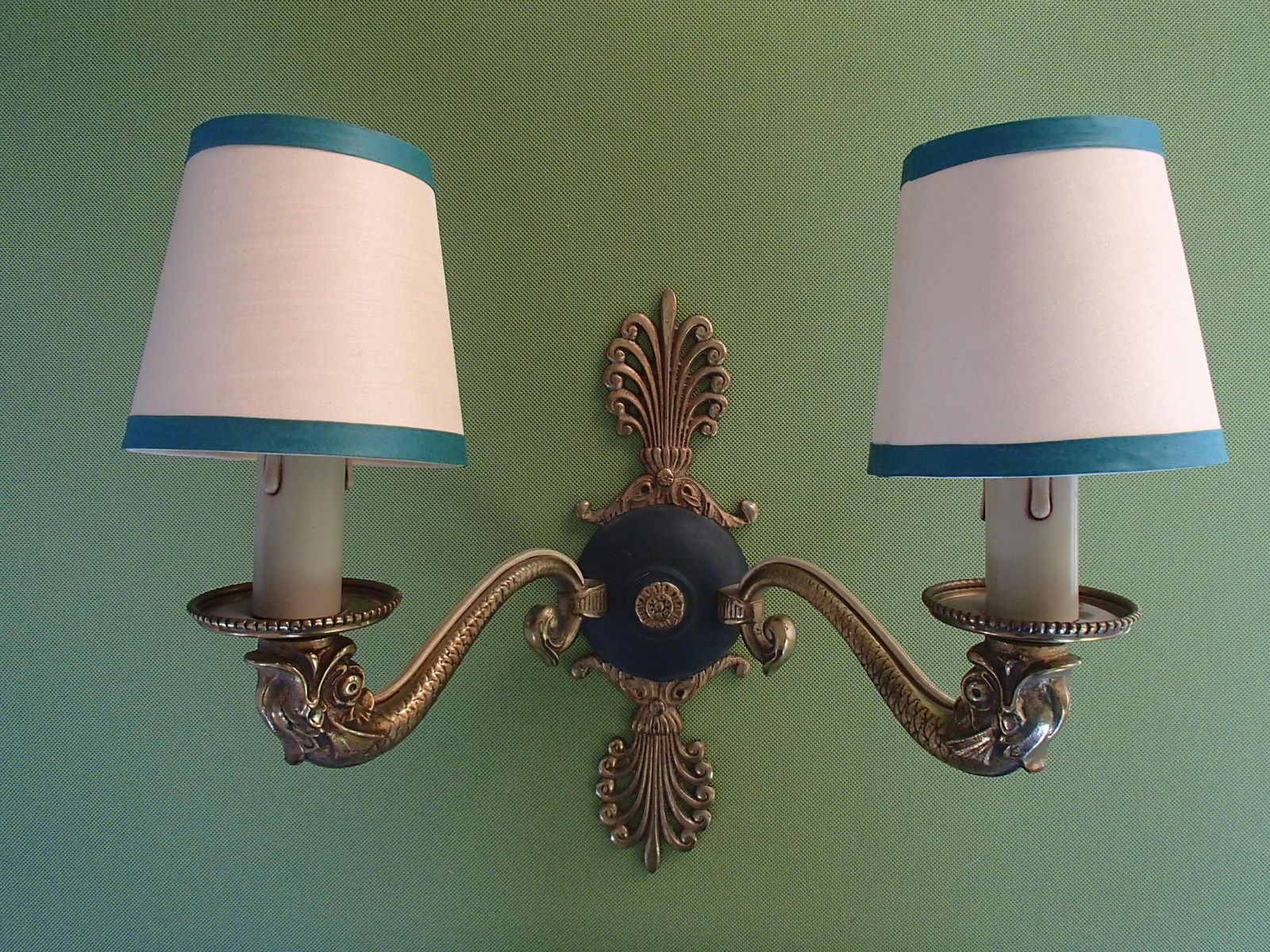 photo buy Pair Of Bronze And Green Empire Wall Lights With Beige/Green Shades