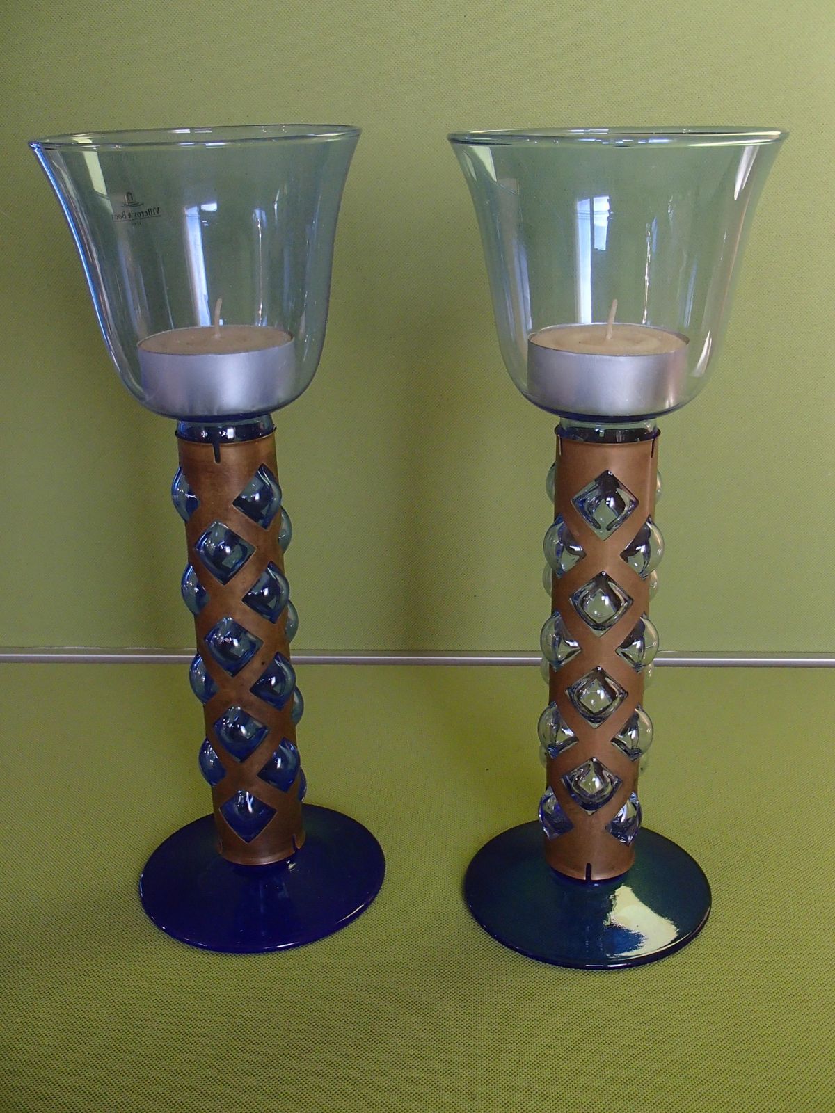 photo for sale Pair Candlelight Holder Cobalt Blue Glass And Brass By Villeroy & Boch
