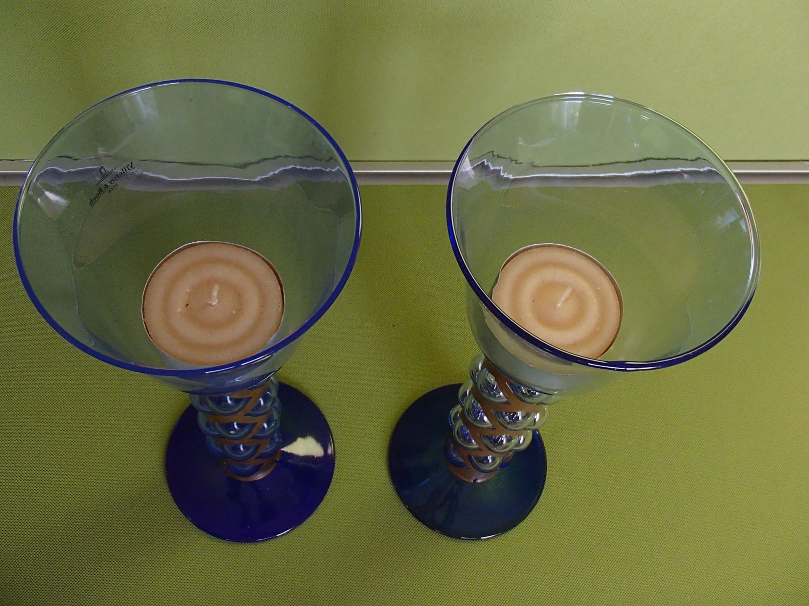 758.0 Pair Candlelight Holder Cobalt Blue Glass And Brass By Villeroy & Boch photo