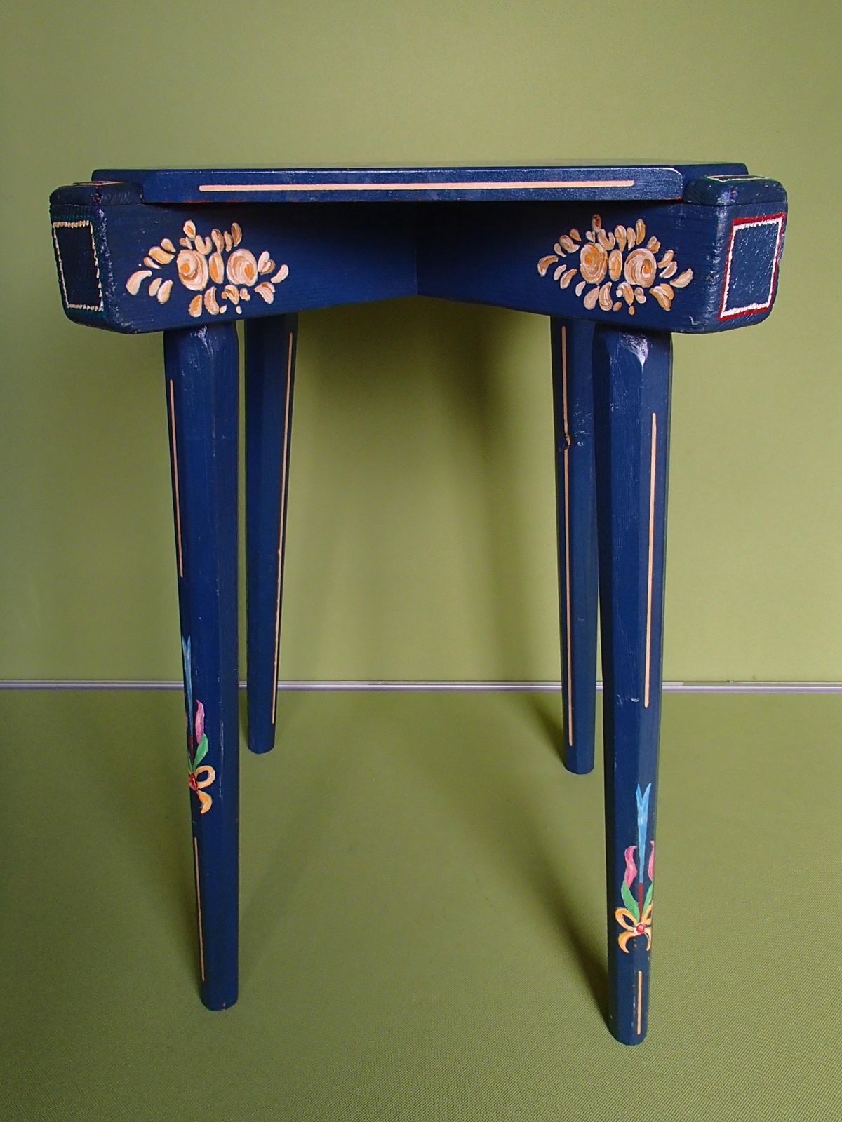 19th Century Folk Art Blue Wooden Stool Or Side Table Hand Painted Flowers photo Furniture