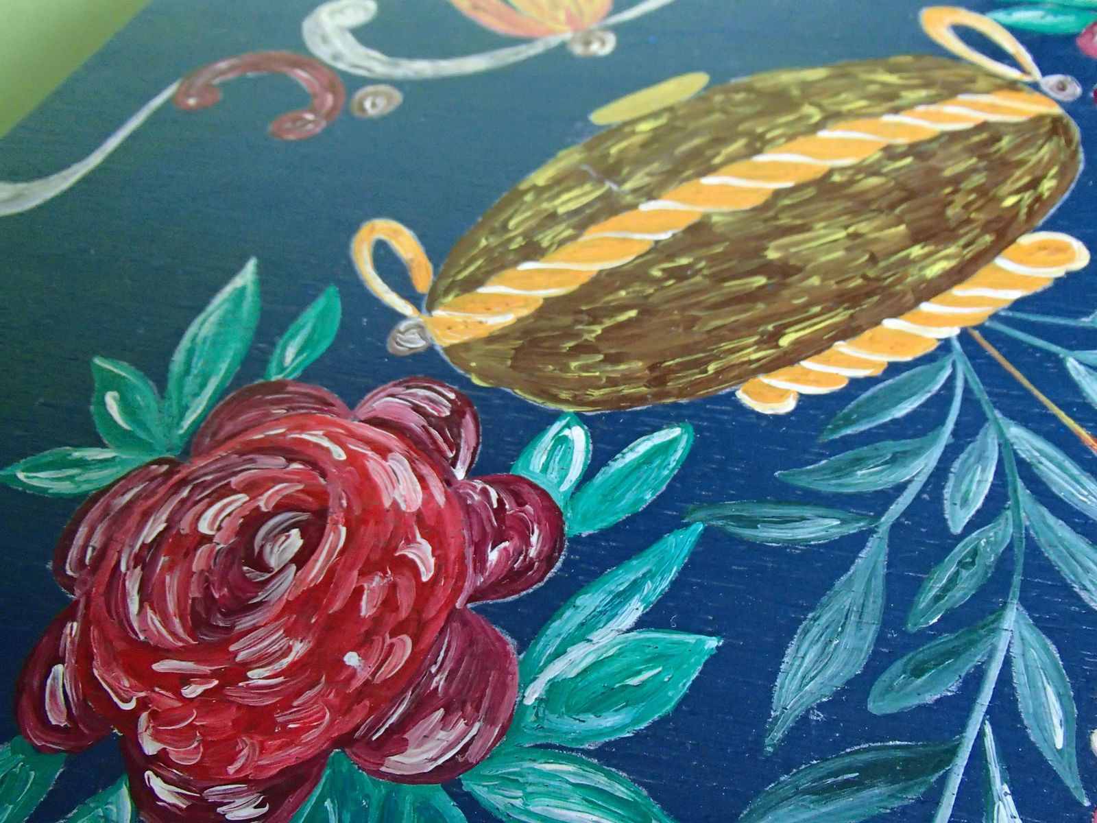 603.0 19th Century Folk Art Blue Wooden Stool Or Side Table Hand Painted Flowers photo