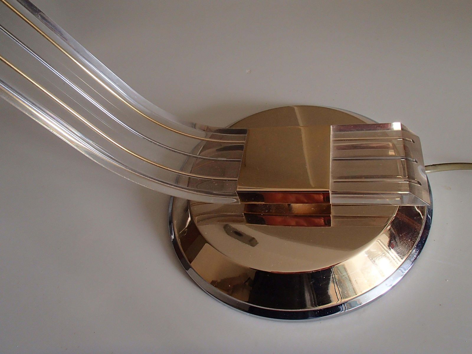 Pair Of Modern Plexi Glass Chrome And Brass Table Lamps By Relco Milano photo vinterior
