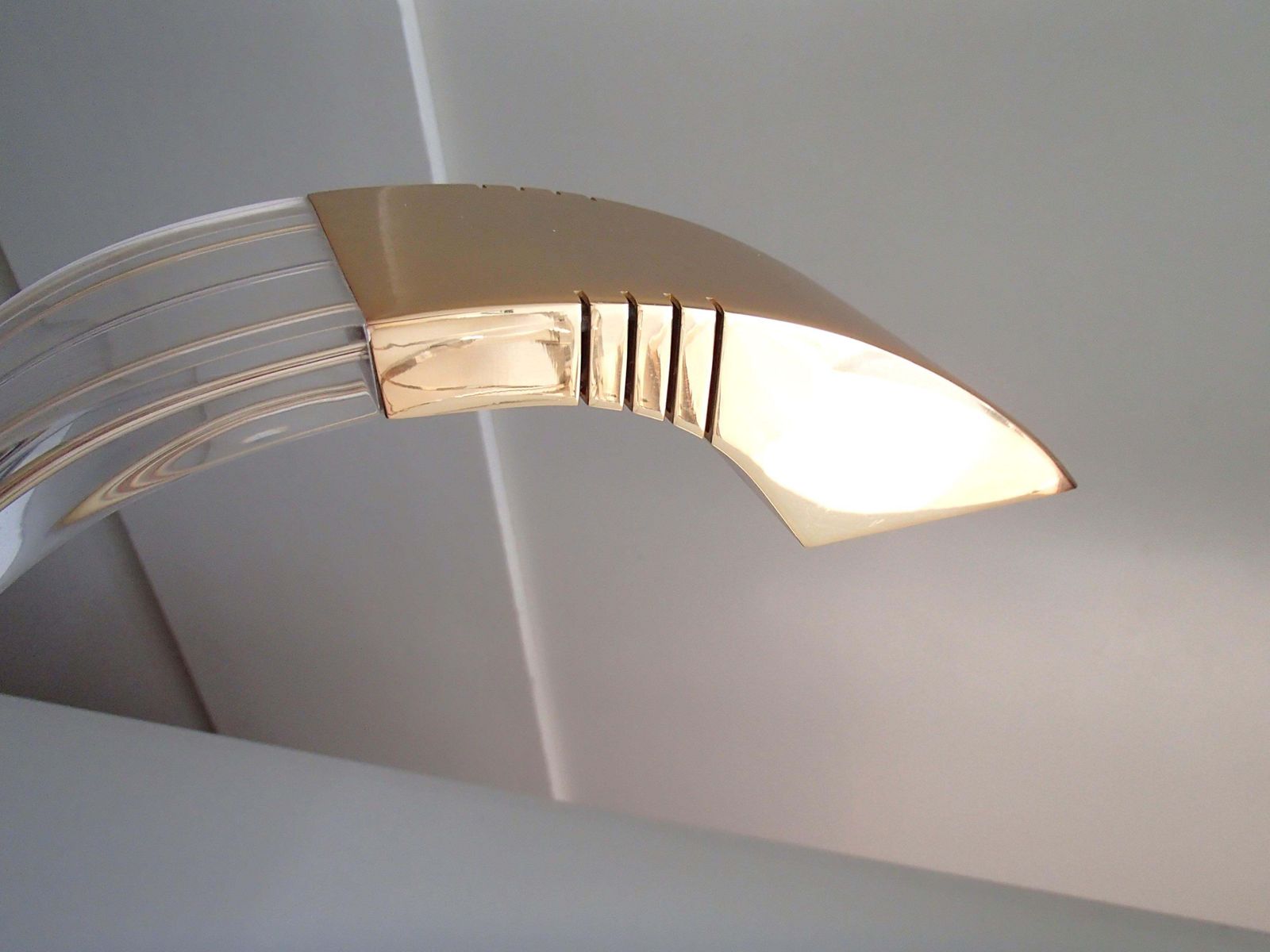 photo for sale Pair Of Modern Plexi Glass Chrome And Brass Table Lamps By Relco Milano