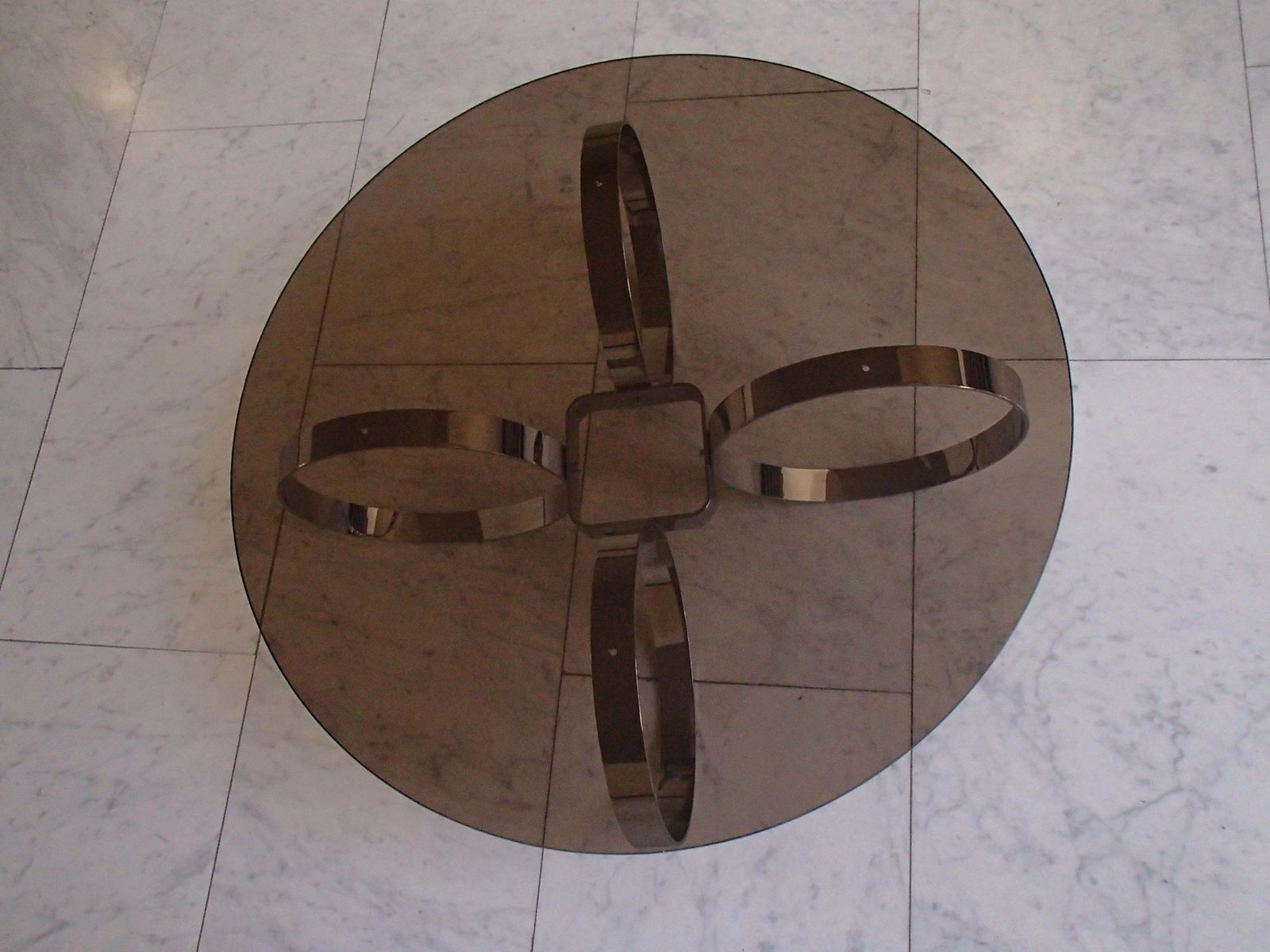 Mid Century Modern Low Table Chrome Rings And Brown Glass Top photo furniture