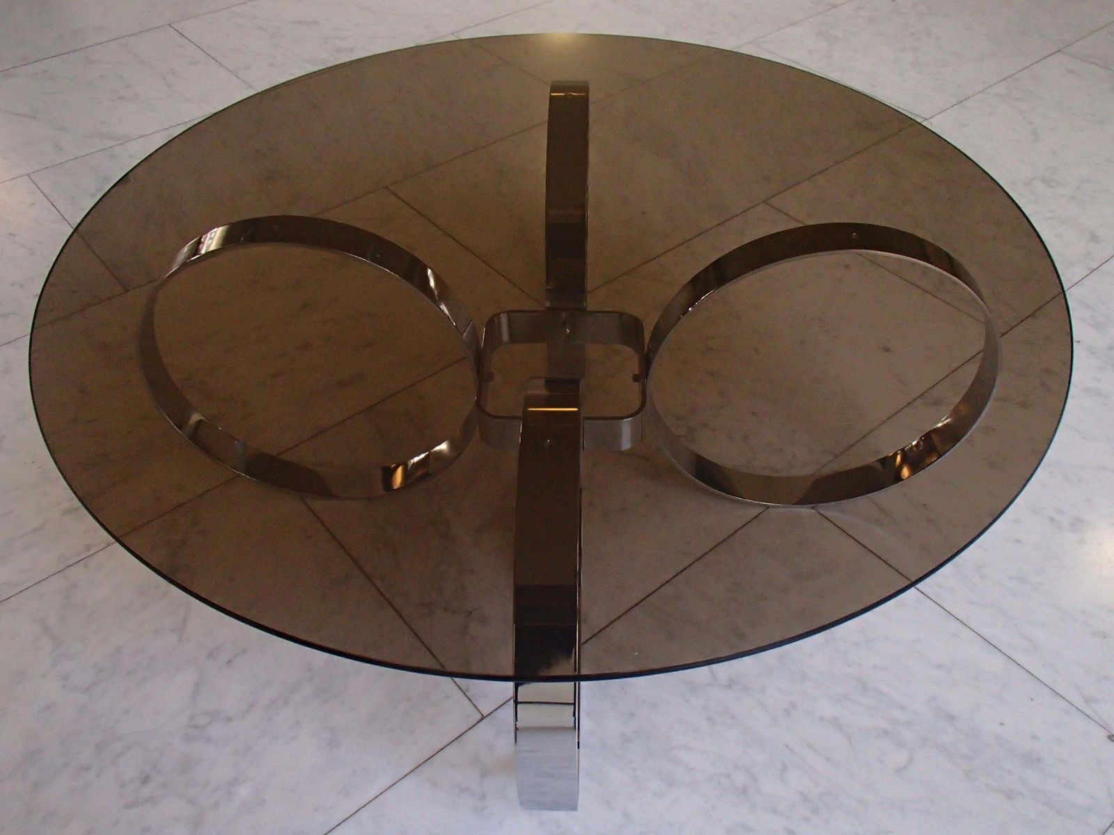 Mid Century Modern Low Table Chrome Rings And Brown Glass Top photo vintage