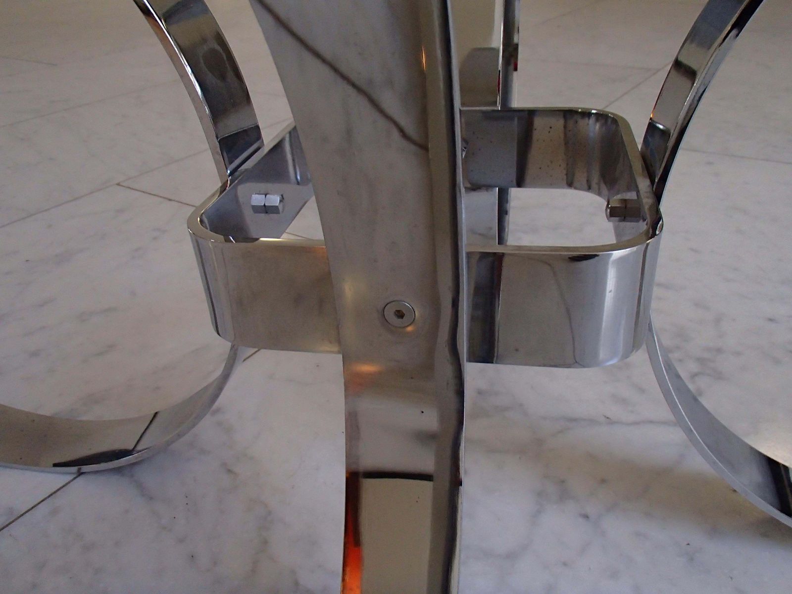 Furniture Mid Century Modern Low Table Chrome Rings And Brown Glass Top photo