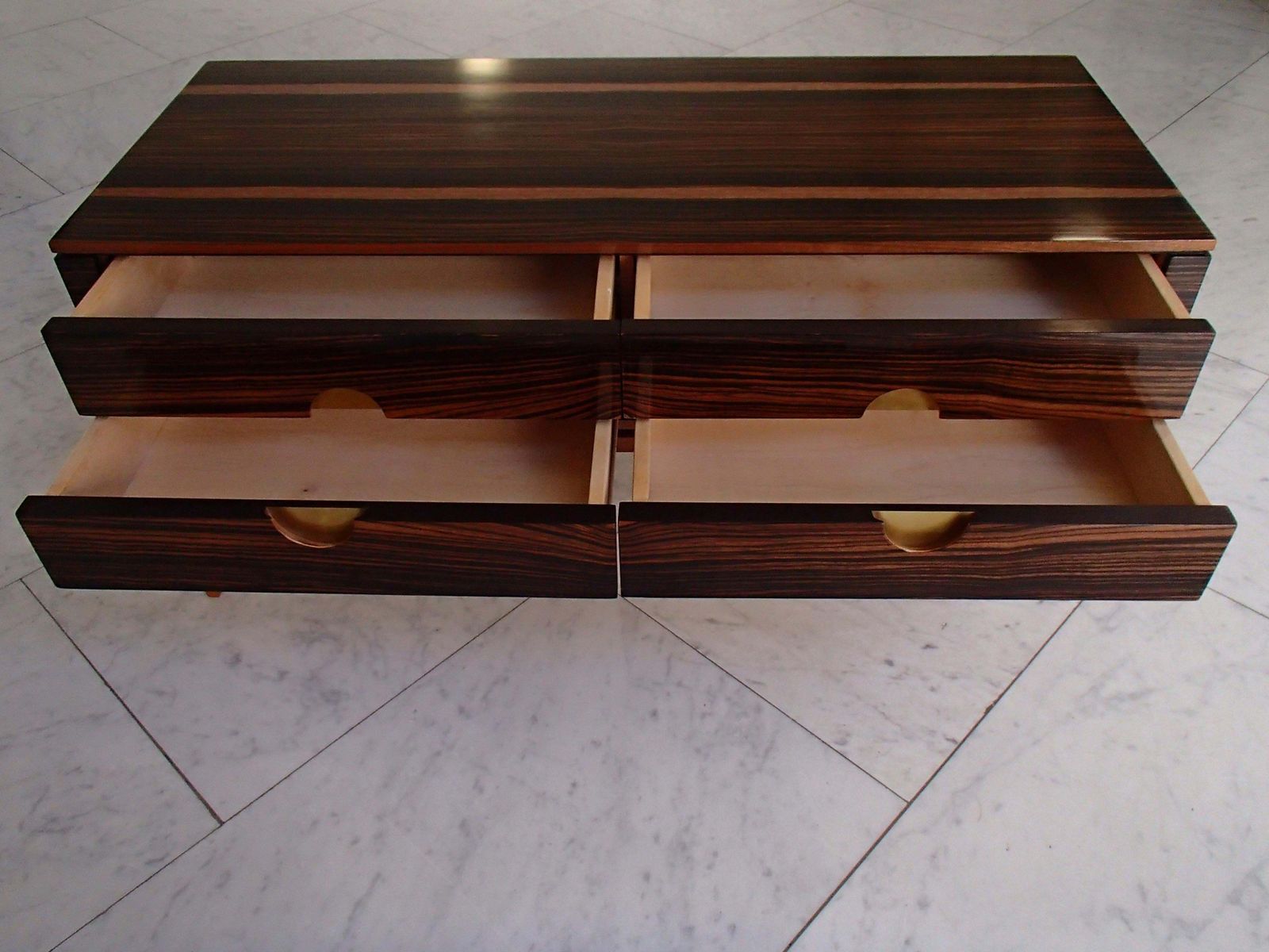 Midcentury Chest Of Drawers Or Low Table Ebene De Macassar And Brass Handles photo vinterior