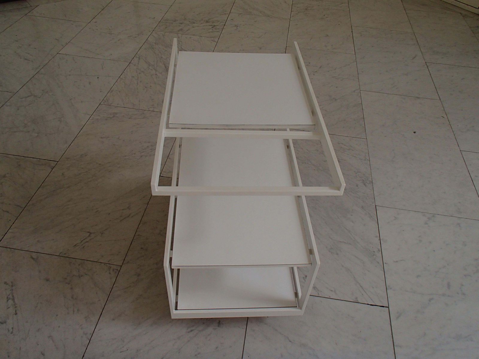 photo for sale Modern Cubist White Trolley 3 Shelf's White Metal Frame And Wood Shelf's
