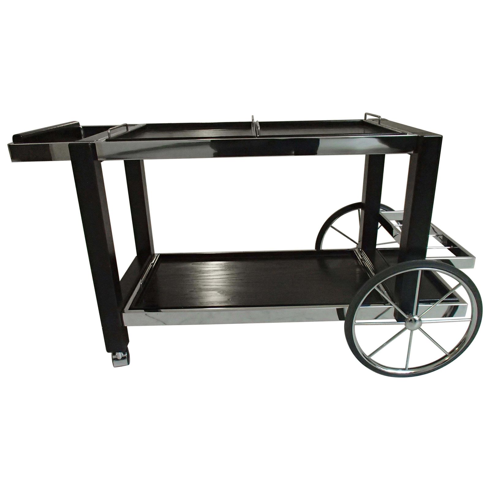 1980 This Modern Chrome And Black Oak Large Trolley Bar Cart