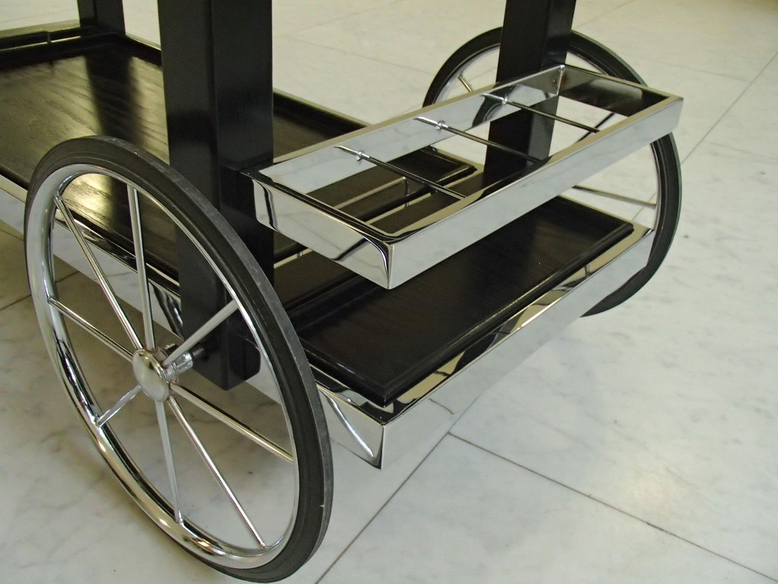 1980 This Modern Chrome And Black Oak Large Trolley Bar Cart photo 2498.0