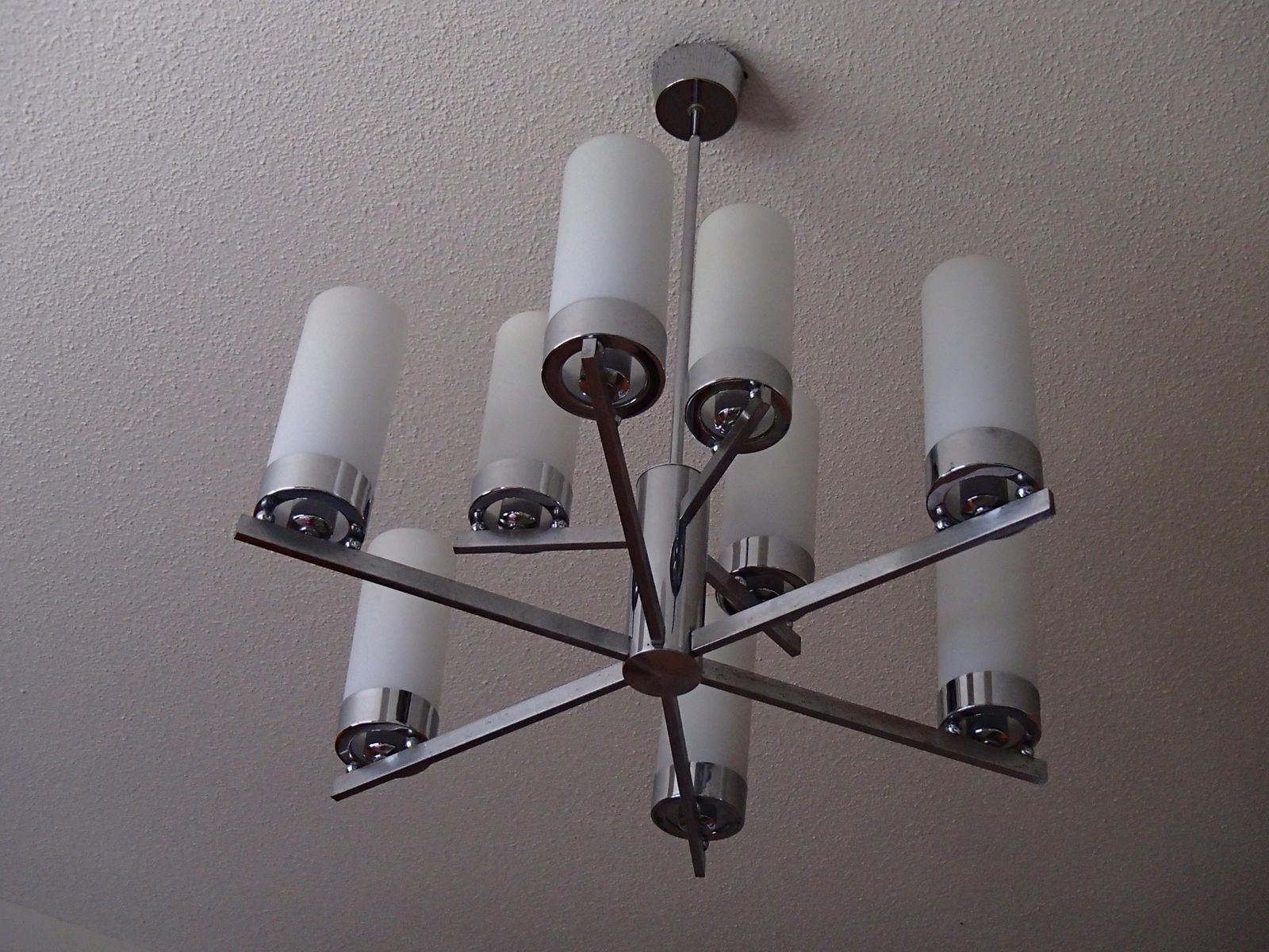 Bauhaus Chandelier Chrome With Nine White Tubular Glass Shades photo 1962.0