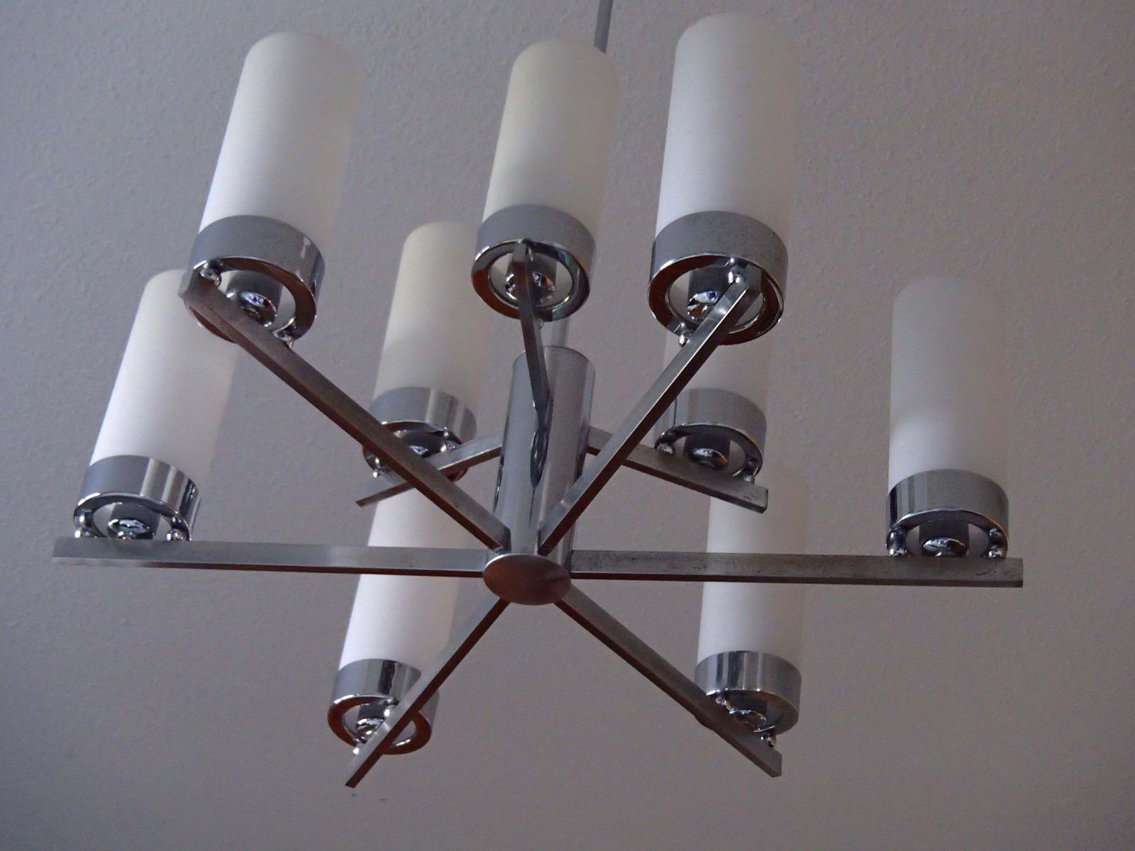 Lighting Bauhaus Chandelier Chrome With Nine White Tubular Glass Shades photo