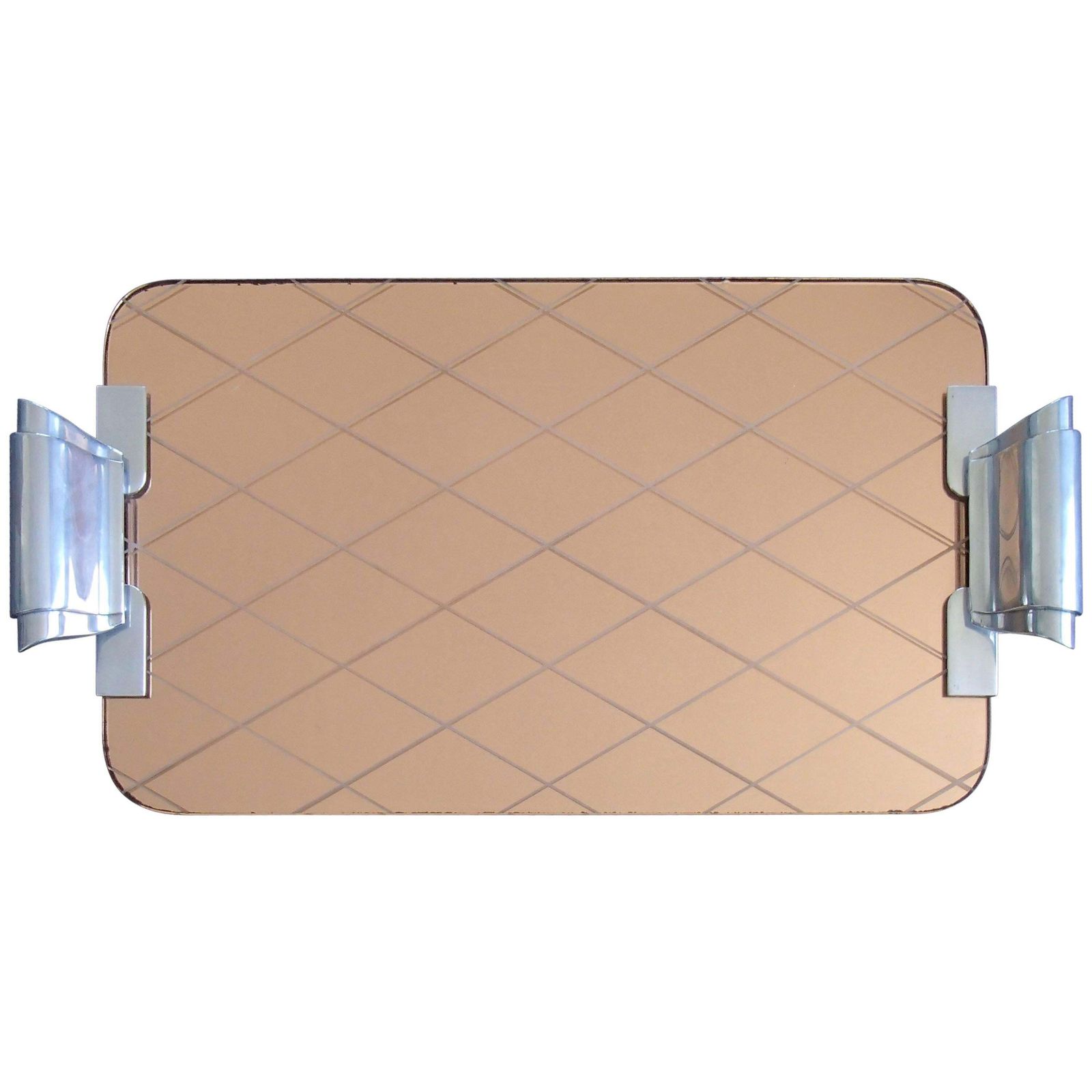 Art Deco Pink Mirror Engraved Rhomboids Serving Tray With Aluminium Handles