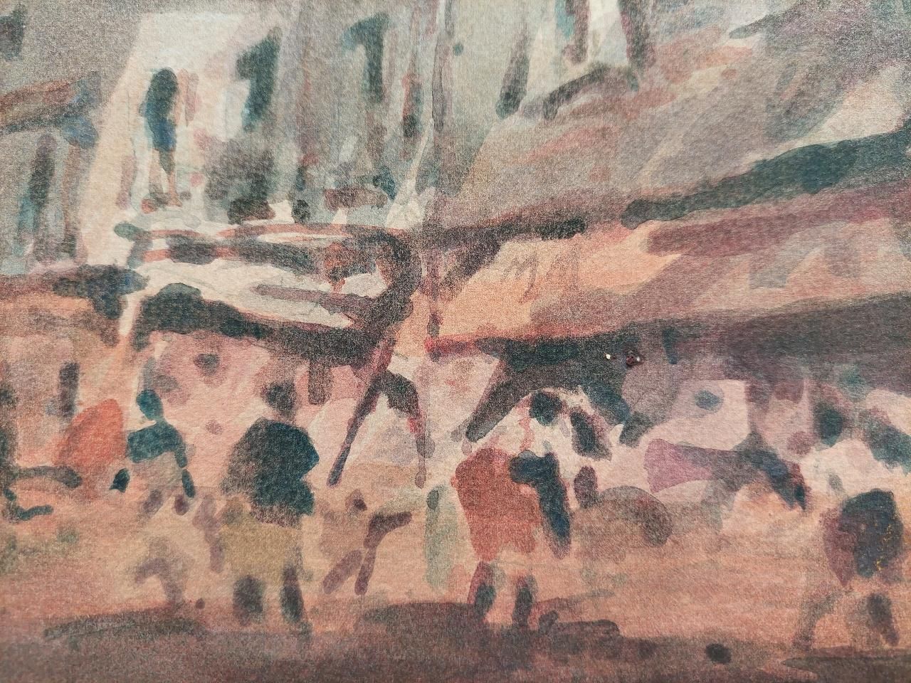 Maurice Mazeilie French Modernist Cubist Painting Figures In A Small Town Late 20th Century photo 295.0
